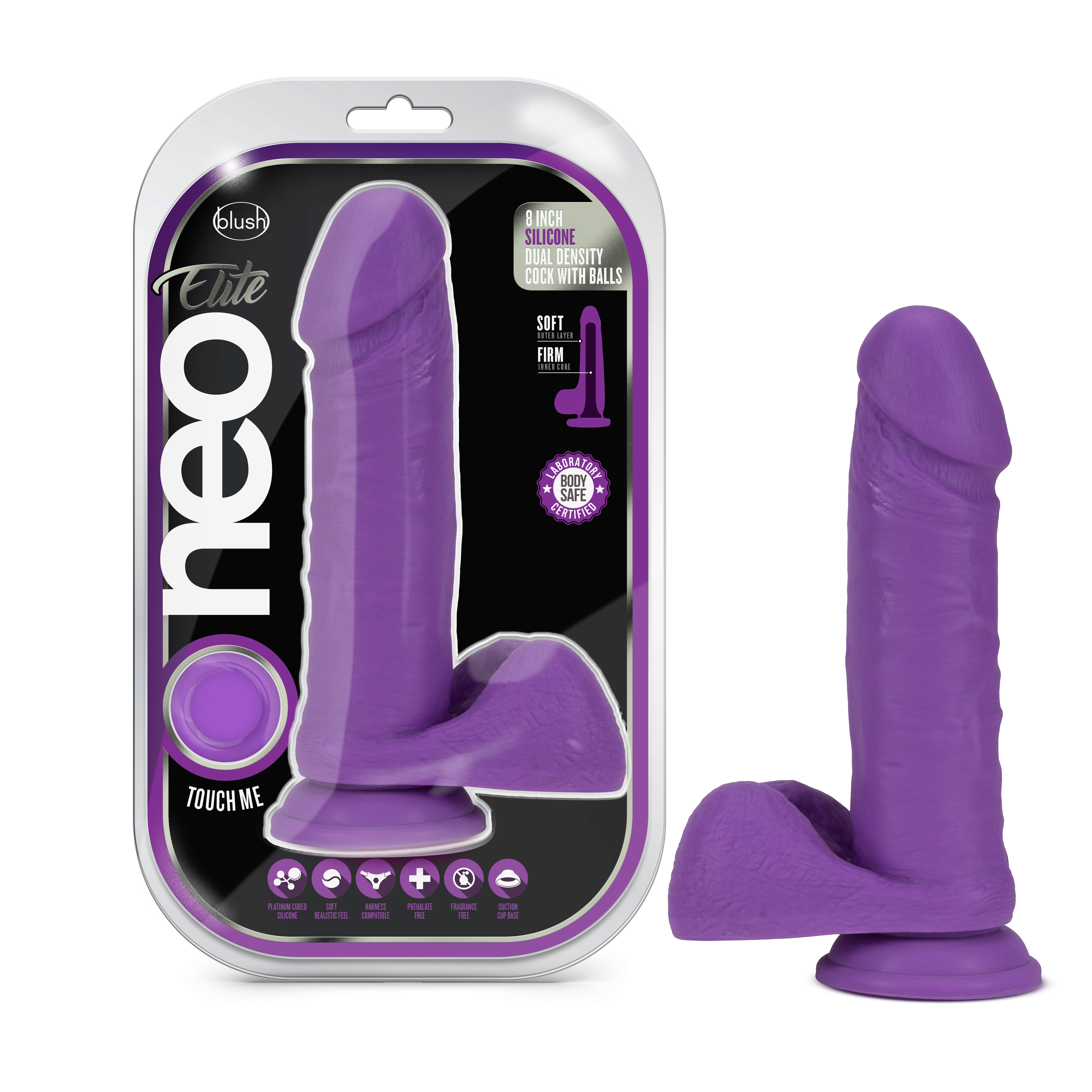 Blush Neo Elite? / Neon Purple: 8-Inch Long Dildo - Made with Purio? Silicone & SensaFeel? Dual Density Realistic Technology