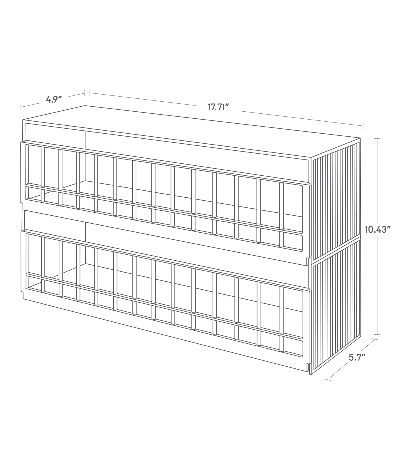 Dimension image for Toy Display Case showing height of 10.43", a bottom length of 5.7", width of 17.71", the top length of 4.9"