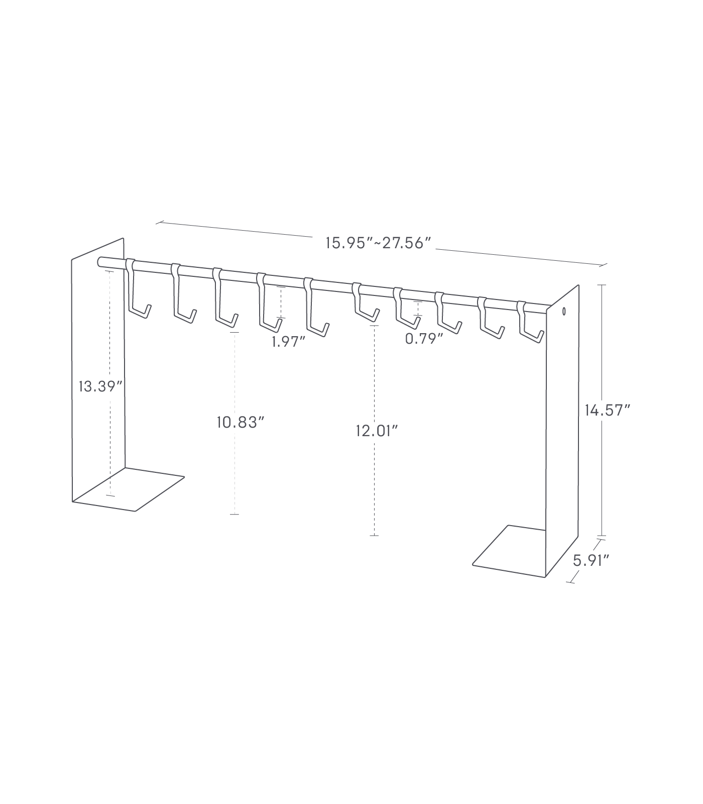 Dimension Image for Hat Hanging Organizer on a white background showing total height of 14.57", internal height of 13.39", width expandable from 15.95" to 27.56", distance from bottom of long hook to floor of 10.83", distance from bottom of short hook to floor of 12.01", distance between bar and long hook of 1.97", and distance between bar to short hook of .79".