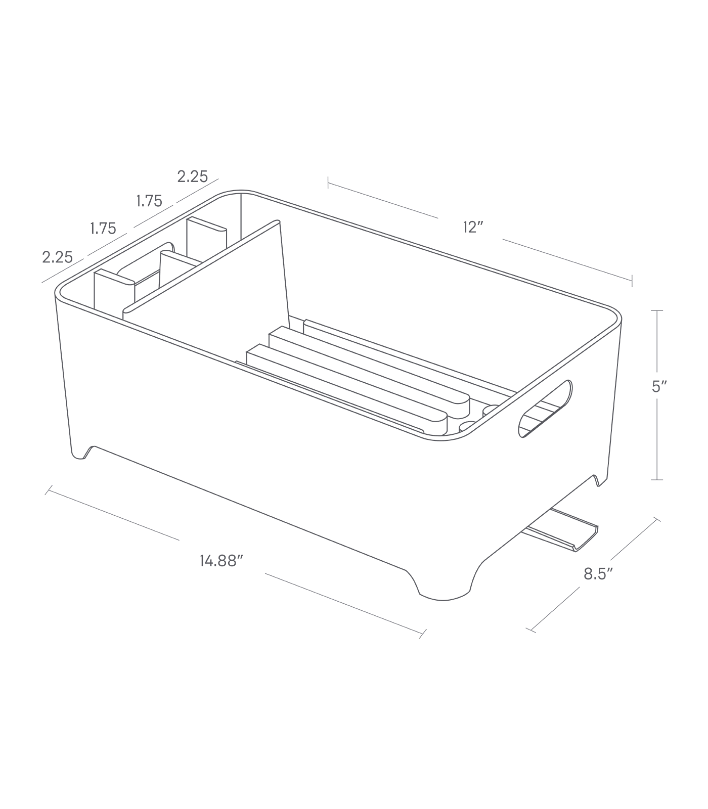 Dimension image for Dish Rack showing a total height of 5", length of 14.88", width of 8.5", basin length of 12", and inner chambers of 2.25" and 1.75".