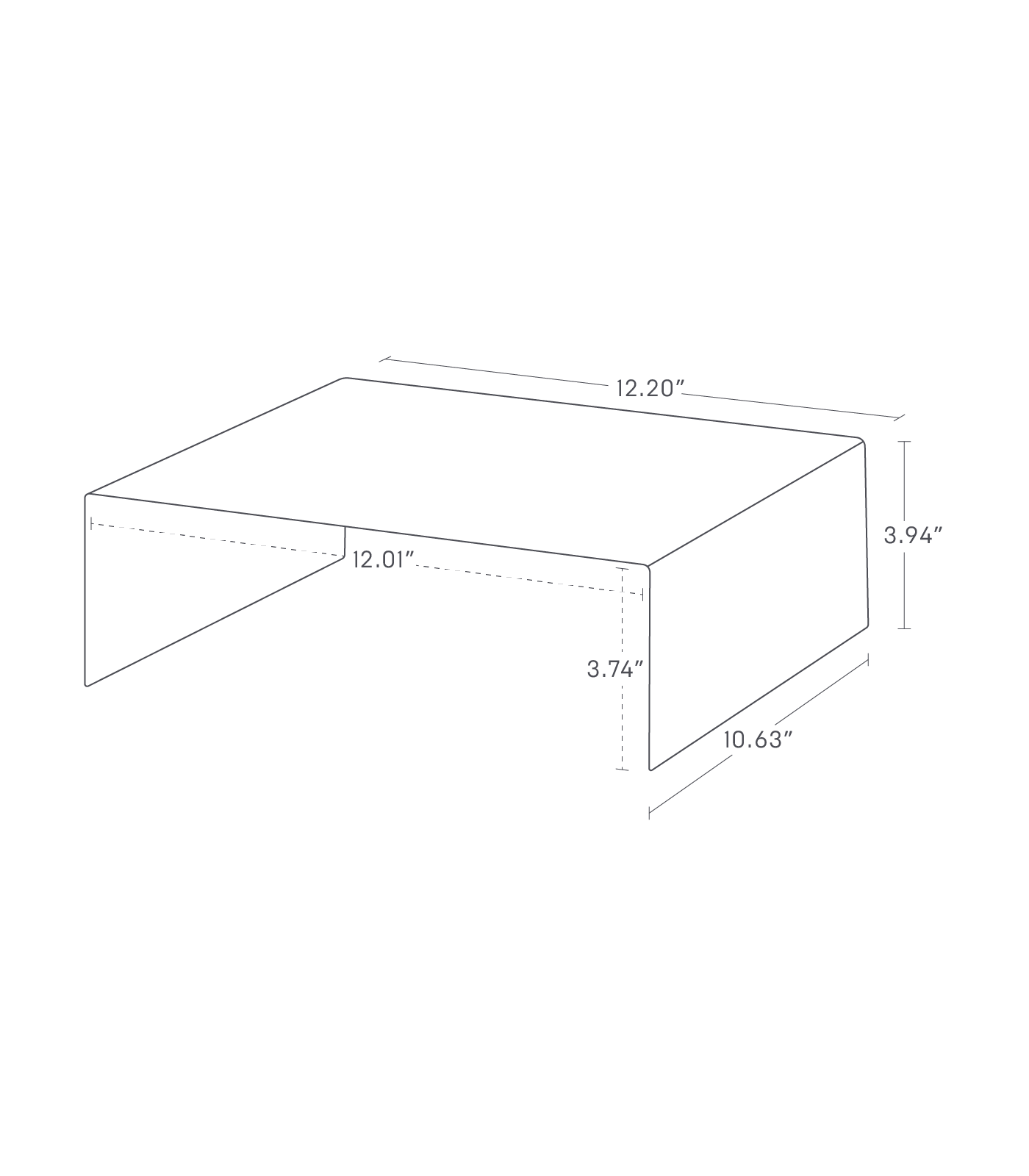 Dimension image for Riser Shelf [Set of 2]on a white background showingthe outside dimensions with 12.2" in length, 10.63" in width, and 3.94" in height. Inside, it measures 12.01" in length and has a height of 3.74".