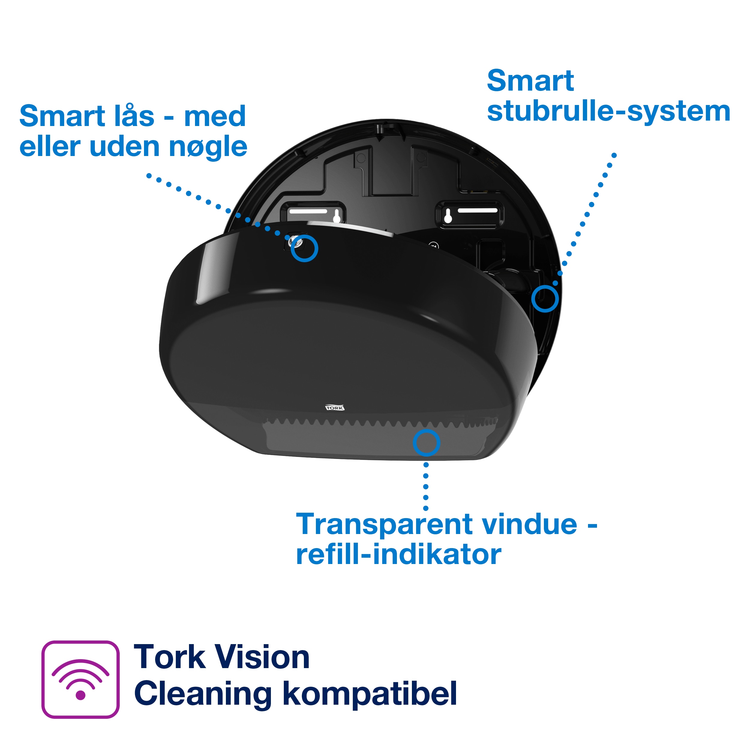 Toiletpapirdispenser, Til mini jumboruller, Udvendig oprulning, Sort, Tork Mini Jumbo T2