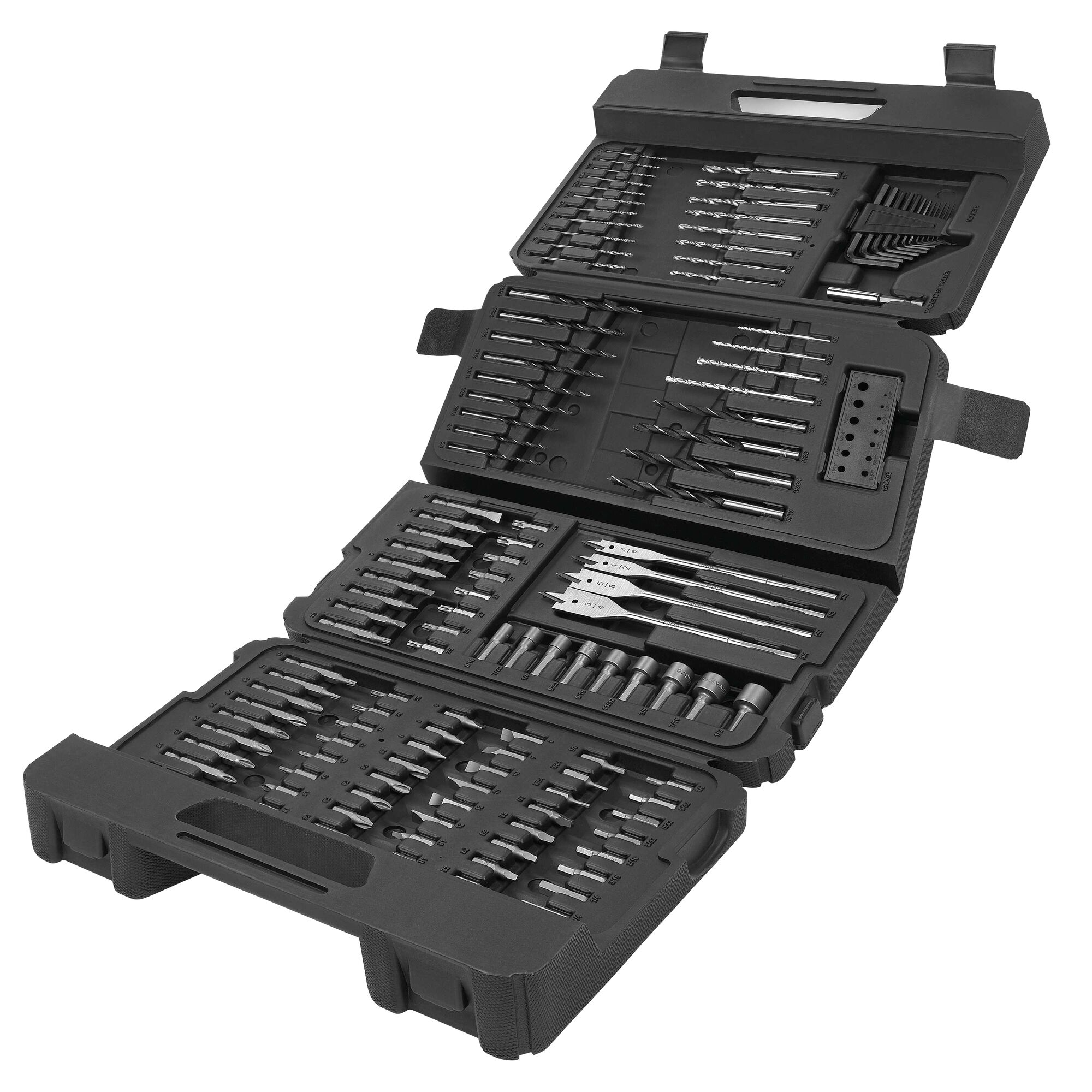 Assorted 129-Piece Driver/Drill Bit Set in a case opened up