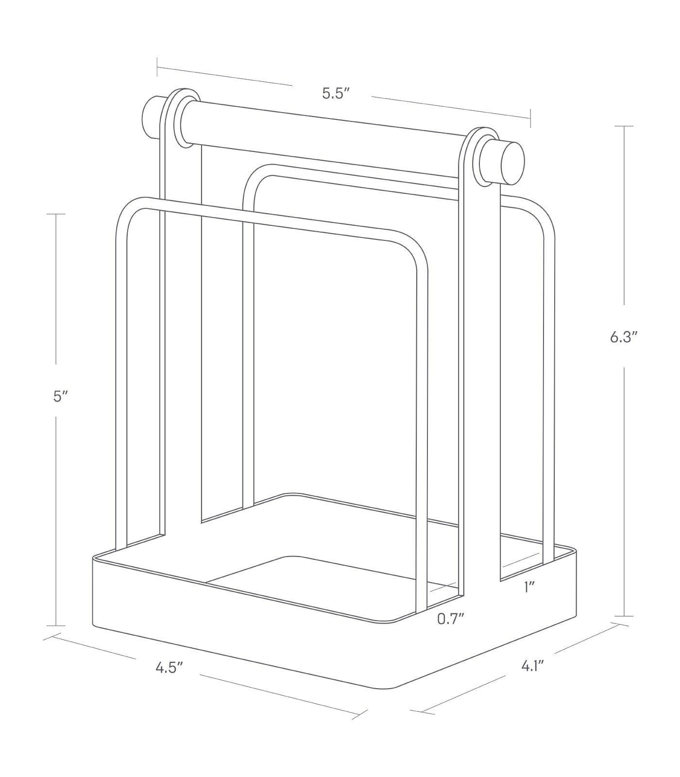 Dimension image for Cutting Board Stand showing total height of 6.3", length of 4.1", width of 4.5" and a5.5" for a wodden bar and 5" for the from the bottom to the top of the front bar, 0.7" between the front bar and the middle bar, 1" between the middle bar and the back bar