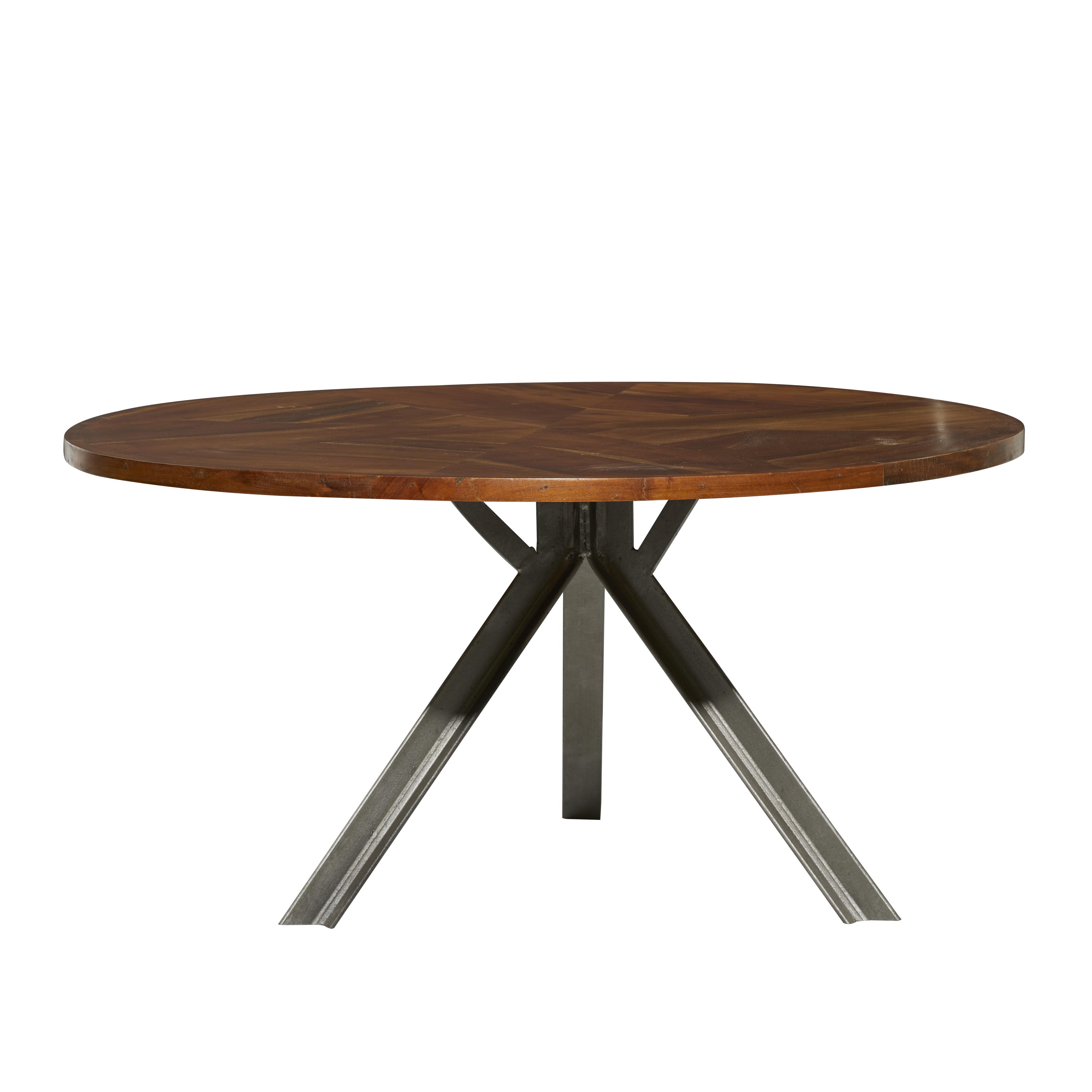 Brown Wood  Coffee Table with Gray Metal Tripod Base, 36" x 36" x 17"