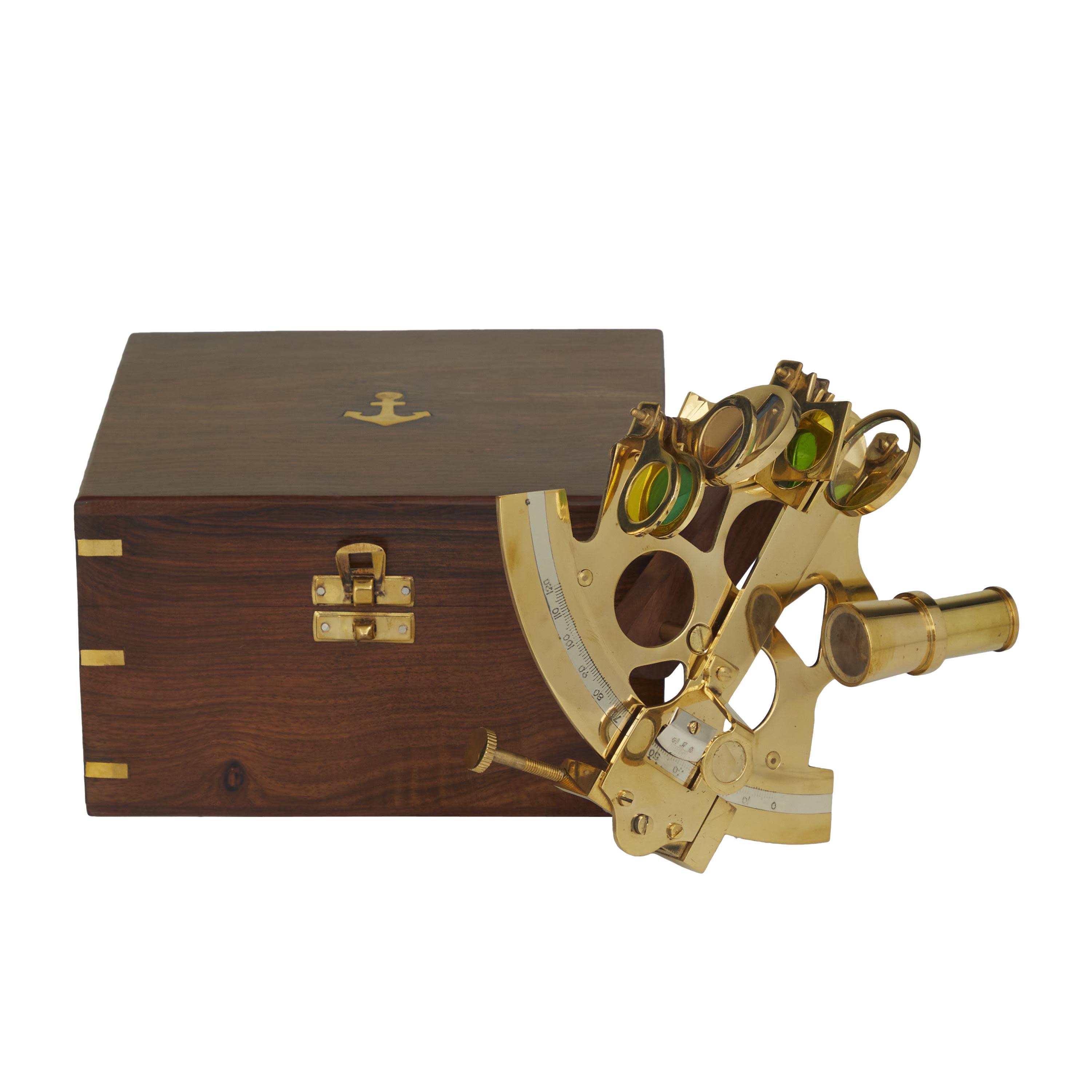 Gold Brass Metal  Sextant Compass with Decorative Wood Box, Set of 2 7"W, 3"H