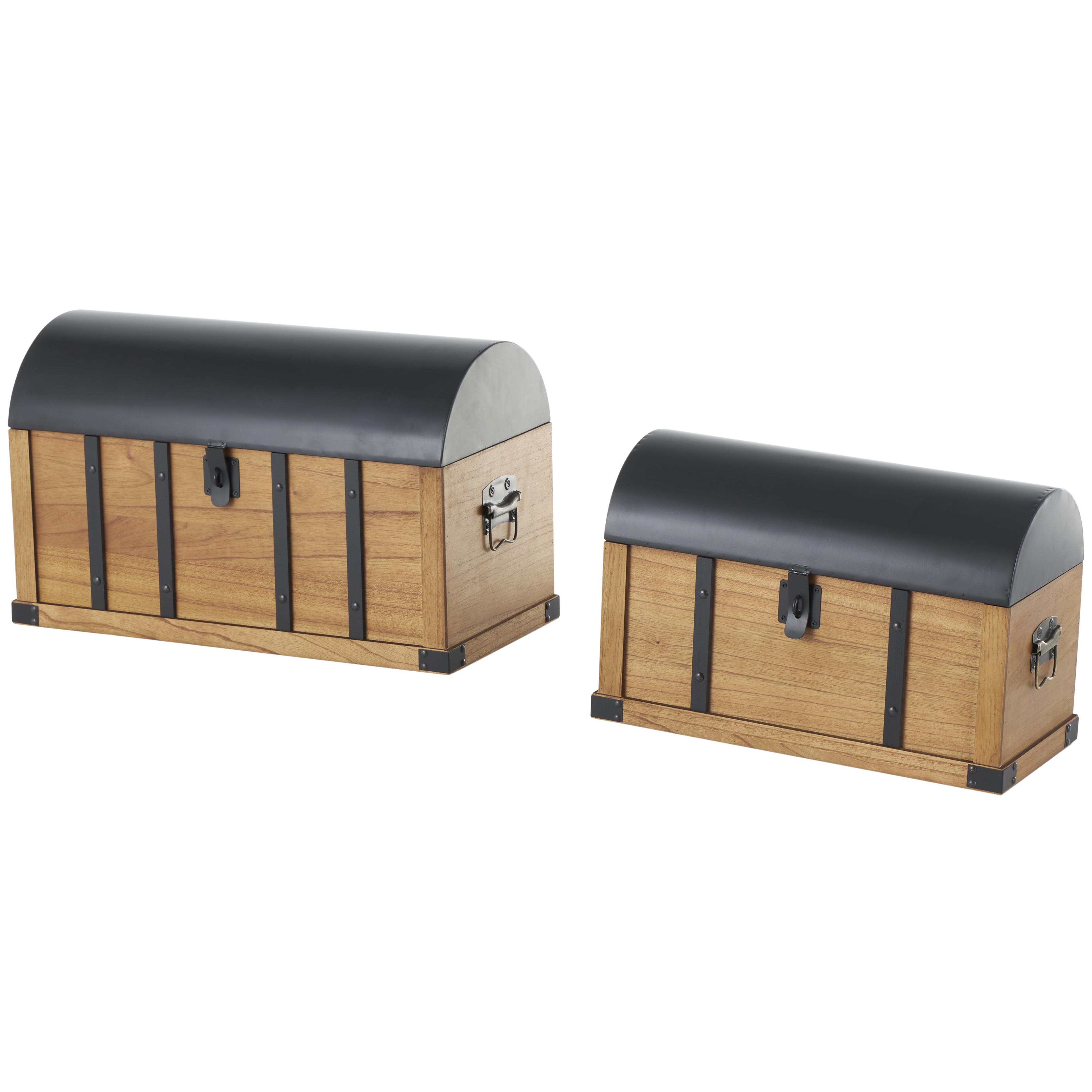 Brown Wooden  Studded Storage Decorative Trunk with Black Metal Arched Tops and Vertical Strips, Set of 2 24", 20"W