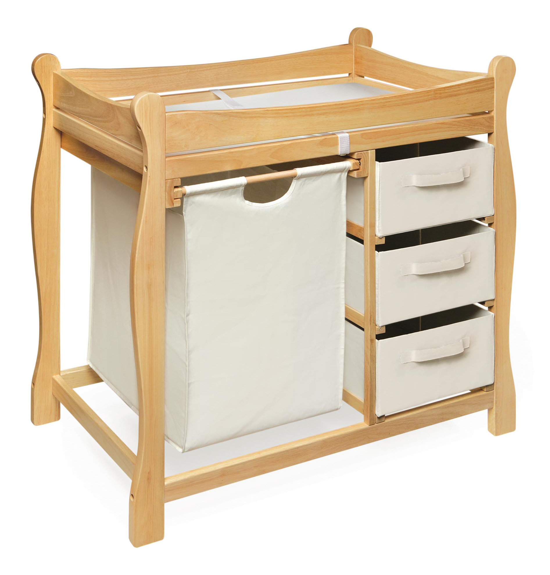 Sleigh Style Baby Changing Table with Hamper and 3 Baskets - Natural