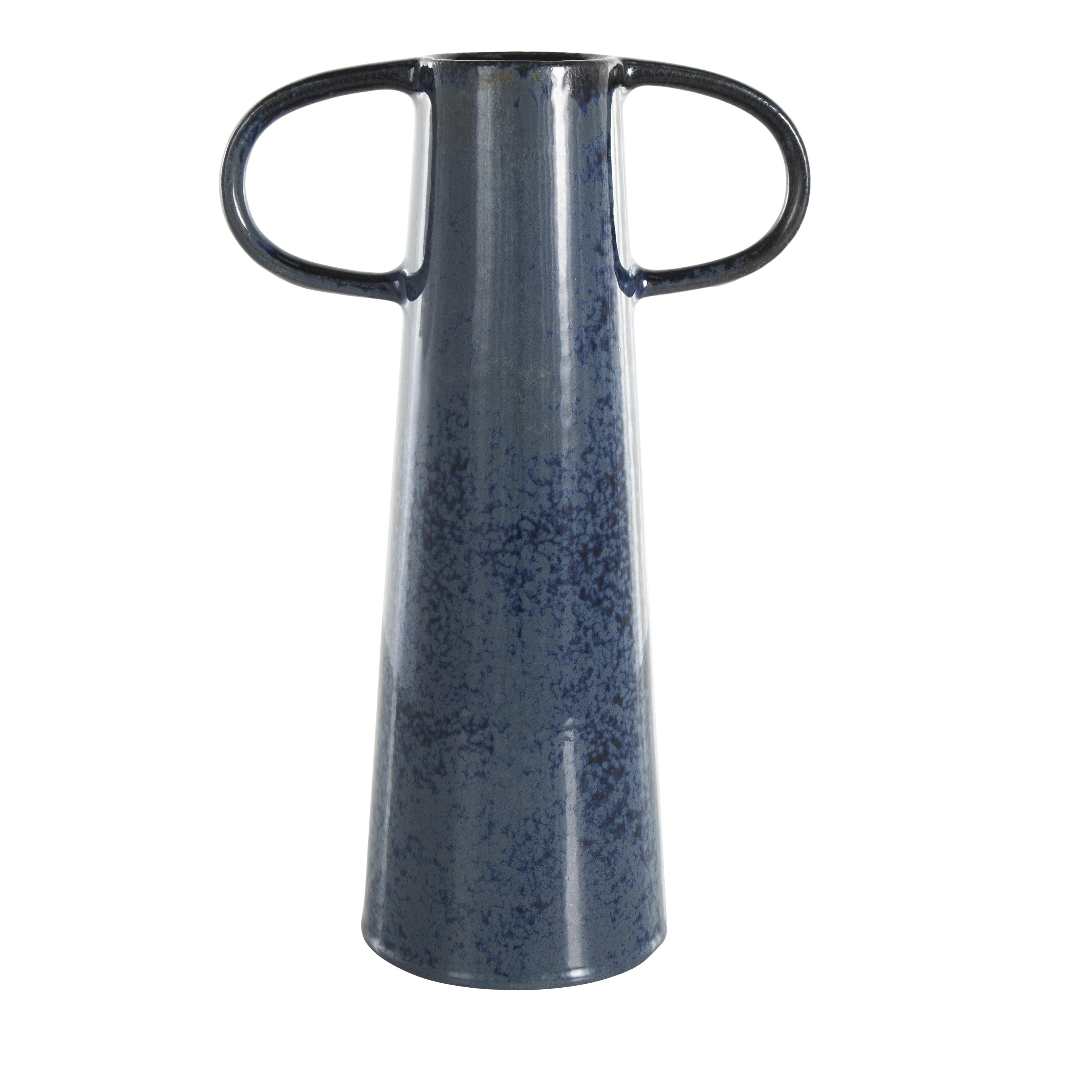 Dark Blue Ceramic  Textured Cone Decorative Vase with Curved Handles, 11" x 6" x 16"