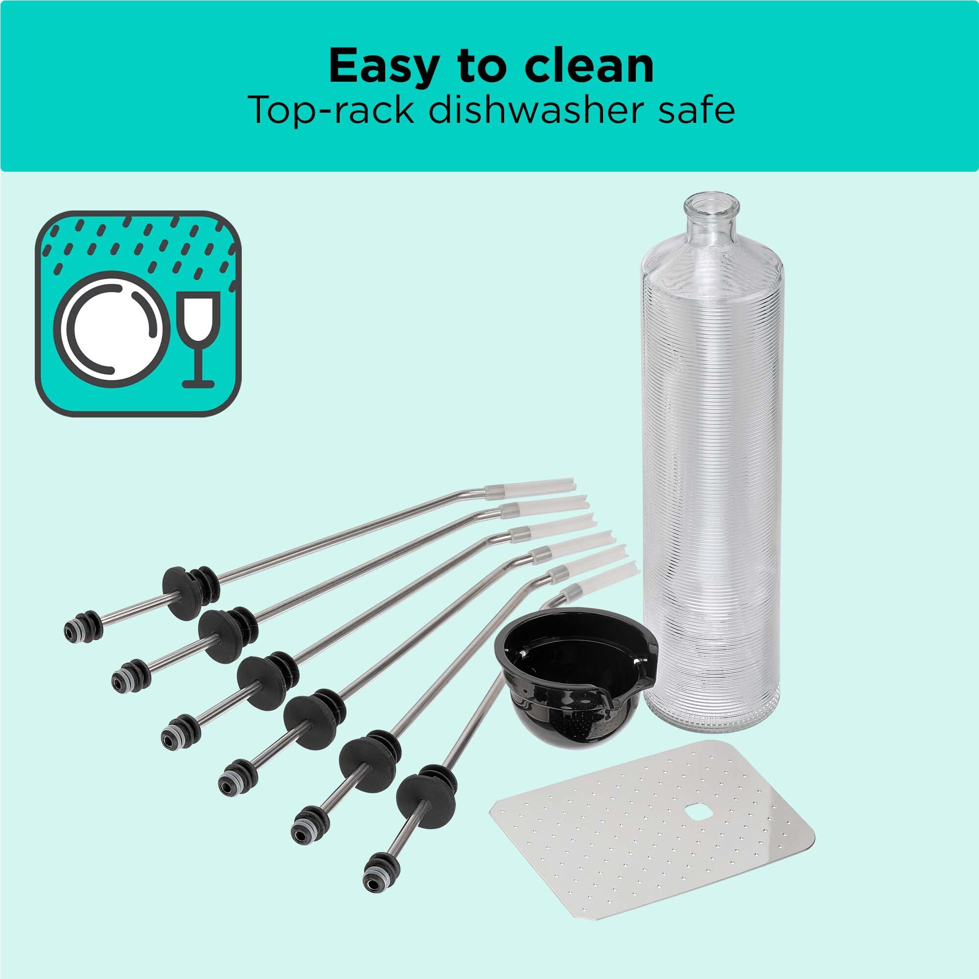 stainless-steel straws, drip tray cover, water bottle, and capsule holder cup with text that reads 