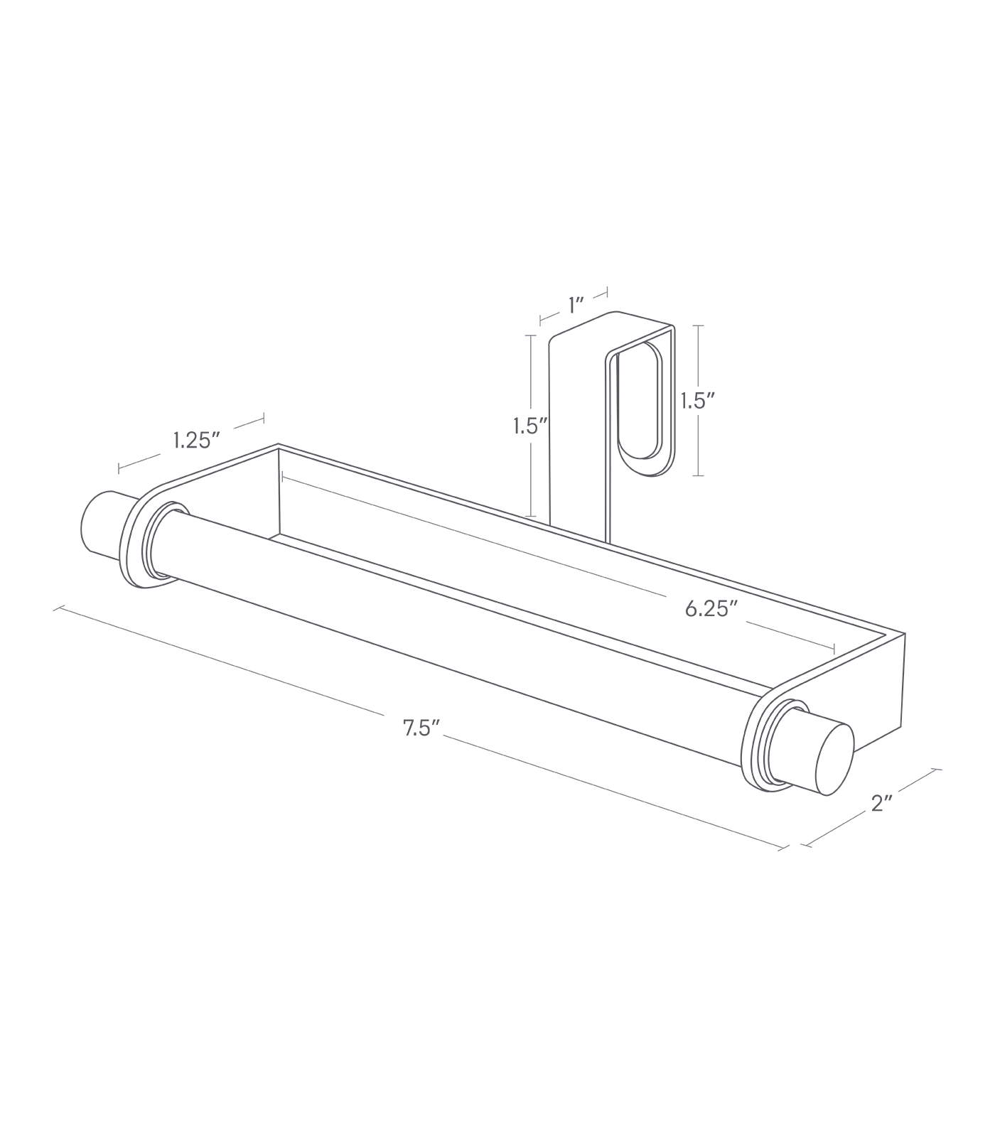 Dimension image of Cabinet Door Dish Towel Hanger with a dowel width of 7.5" and total depth of 2". The metal rack holding the dowel is 6.25", and the distance between the back of the metal rack to the wooden dowel is 1.25". The hook attached to the back protrudes above the rack by 1.5", is 1" deep, and the back of the hook that goes over the cabinet door extends downwards by 1.5".