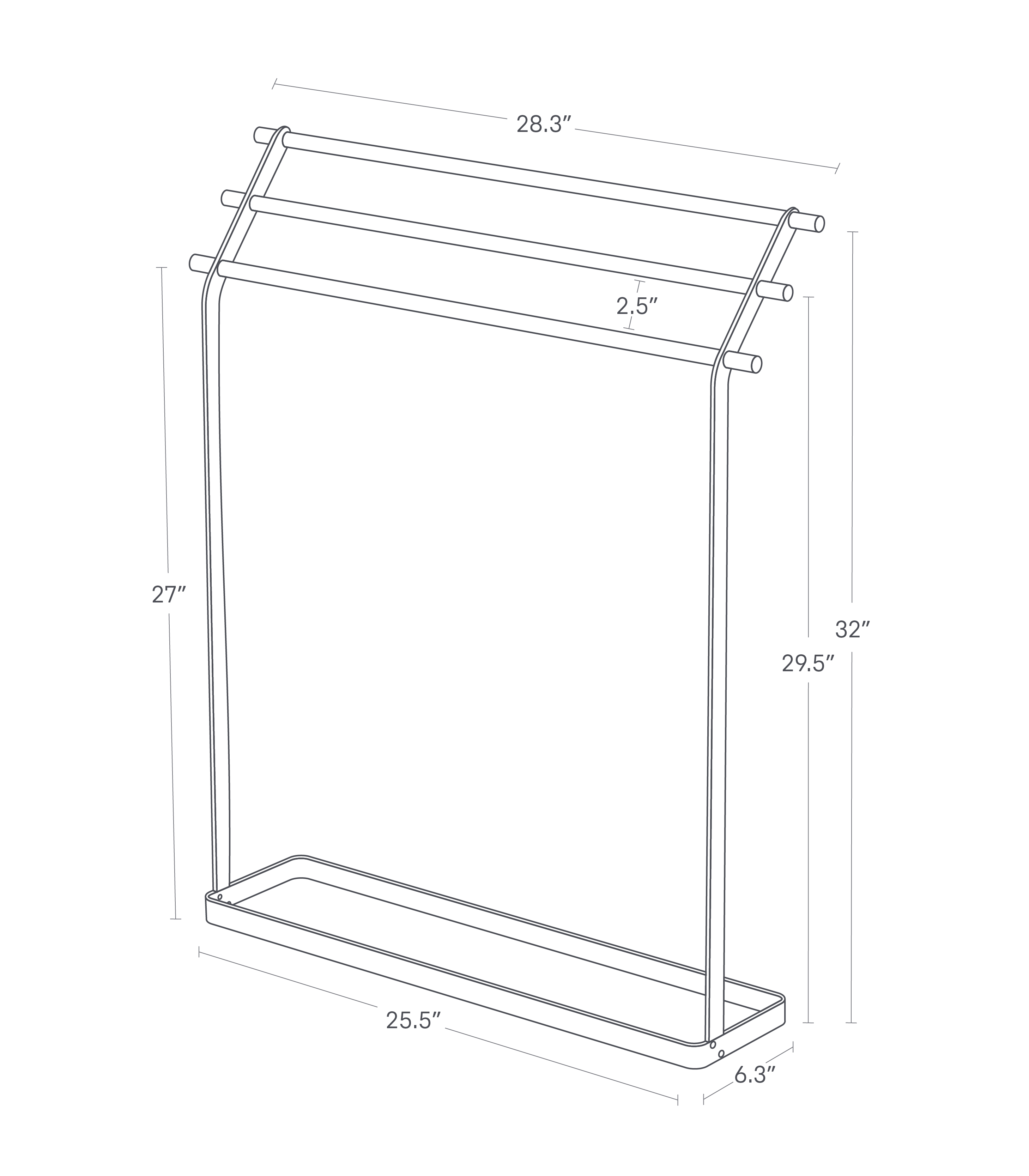 Dimension image of Bath Towel Rack with a towel bars 28.3" wide, 32" tall, 25.5" wide at the bottom, and 6.3" deep. The wooden dowels are 2.5" apart, and the first dowel is 27" from the floor, the second dowel is 29.5" from the floor, and the top dowel is 32" from the floor.