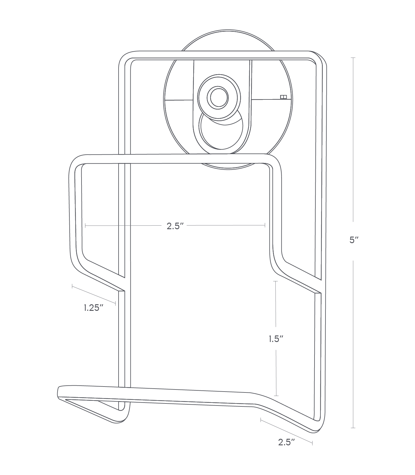 Dimension image for Sponge Holder showing a total height of 5", a width of 2.5", length from the wall of 2.5", upper sponge holder width of 1.25" and height from the bottom to middle rung of 1.5".