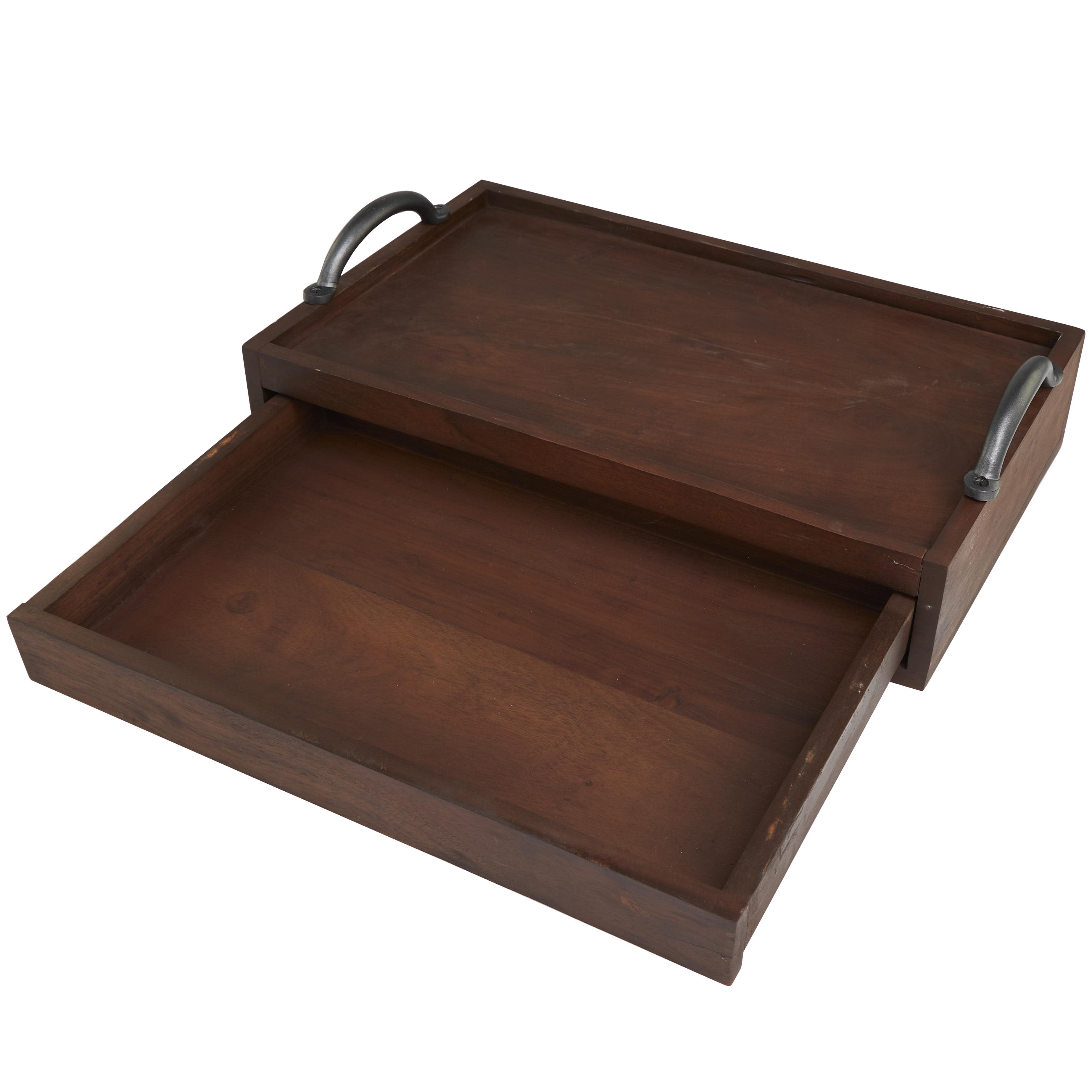 Brown Wood  Hidden Drawer Living Room Decor Tray with Black Metal Handles, 18" x 11" x 5" ( 1 pack) 