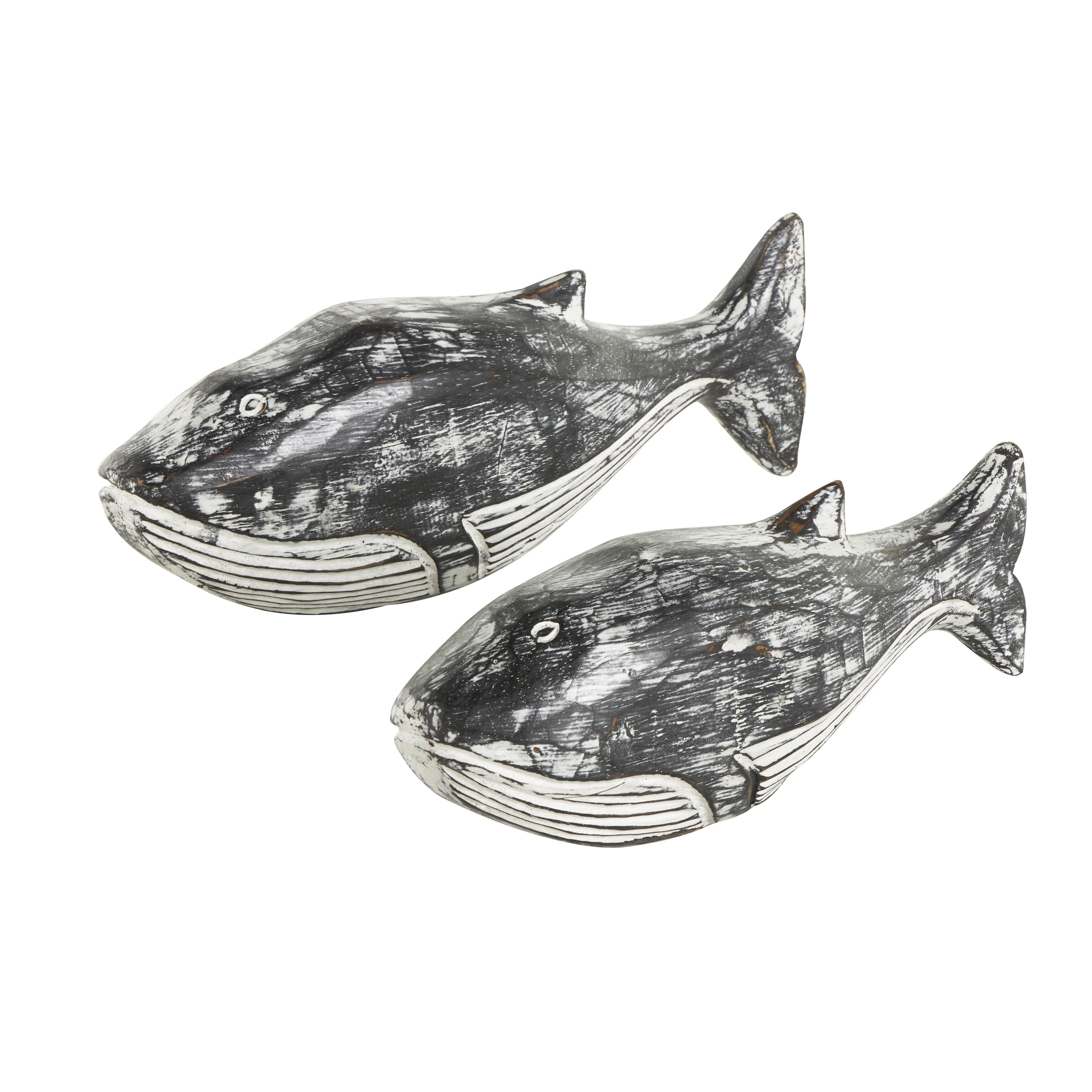 White Wood Whale Distressed Decorative Sculpture, Set of 2 13", 11"W