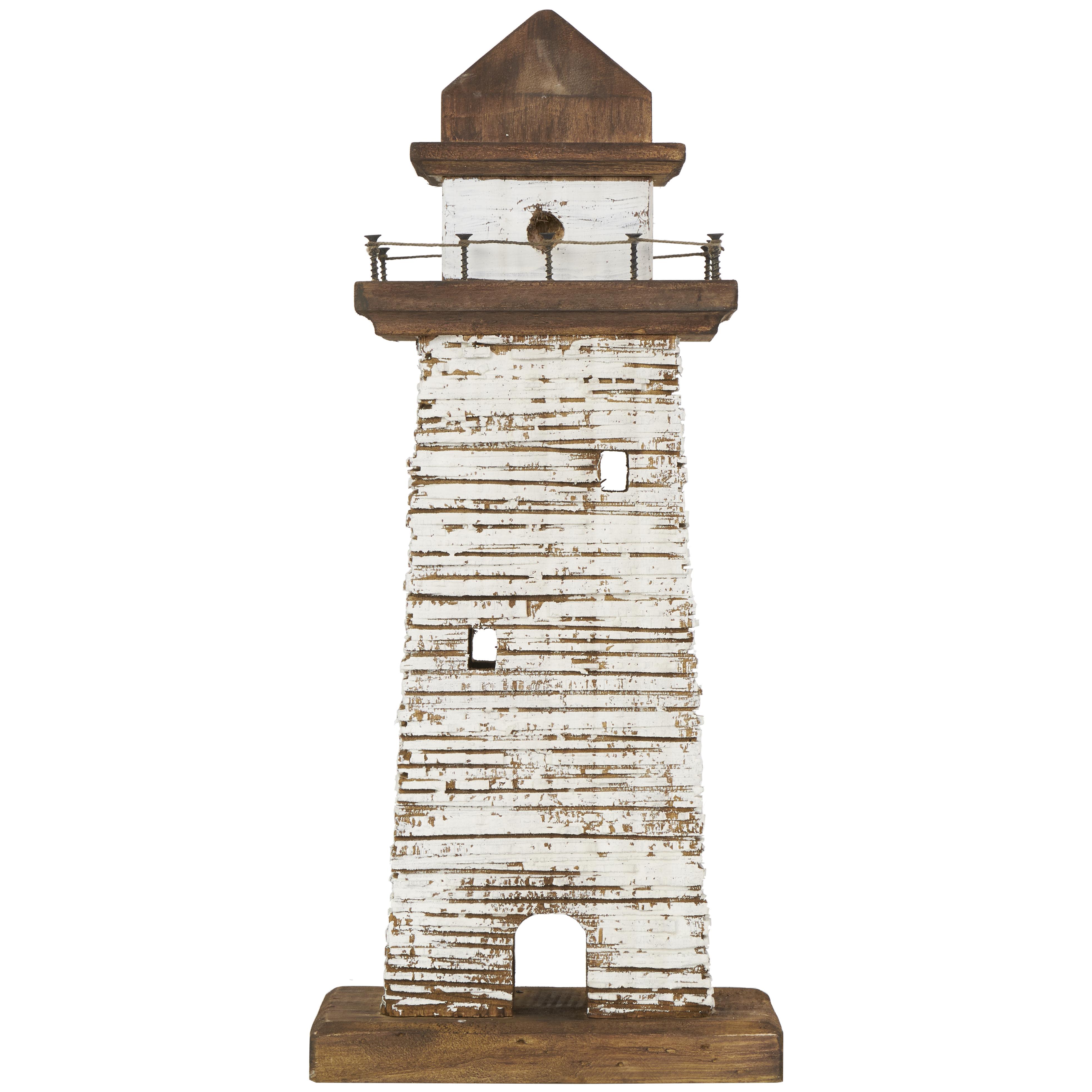 Cream Wood Light House Distressed Decorative Sculpture with Brown Accents, 9" x 4" x 20"