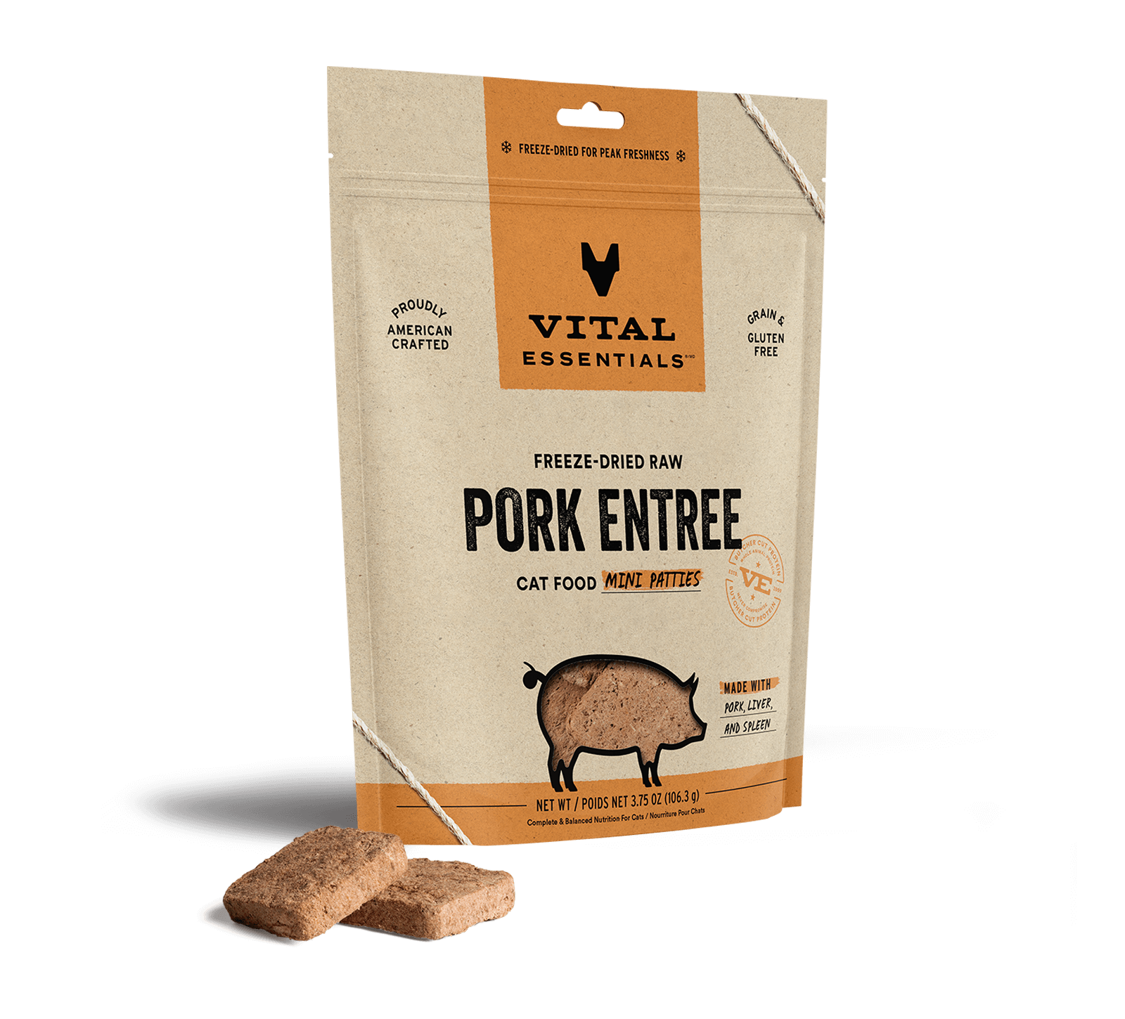 Vital Essentials Freeze-Dried Raw Pork Entree Cat Food Mini Patties, 3.75 oz - Food