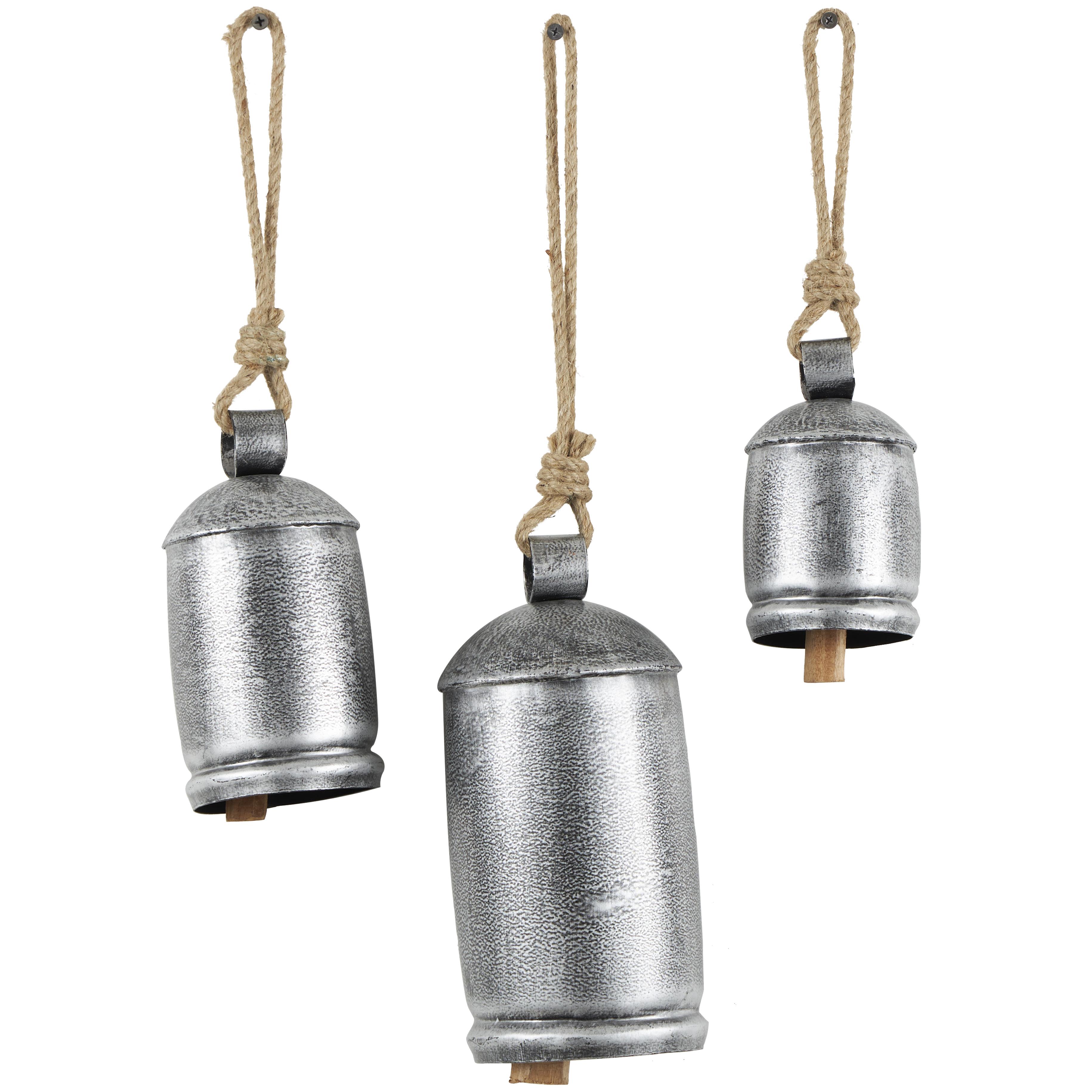 Silver Metal  Tibetan Inspired Indoor Outdoor Decorative Cow Bells with Jute Hanging Rope, Set of 3 10",8",6"H