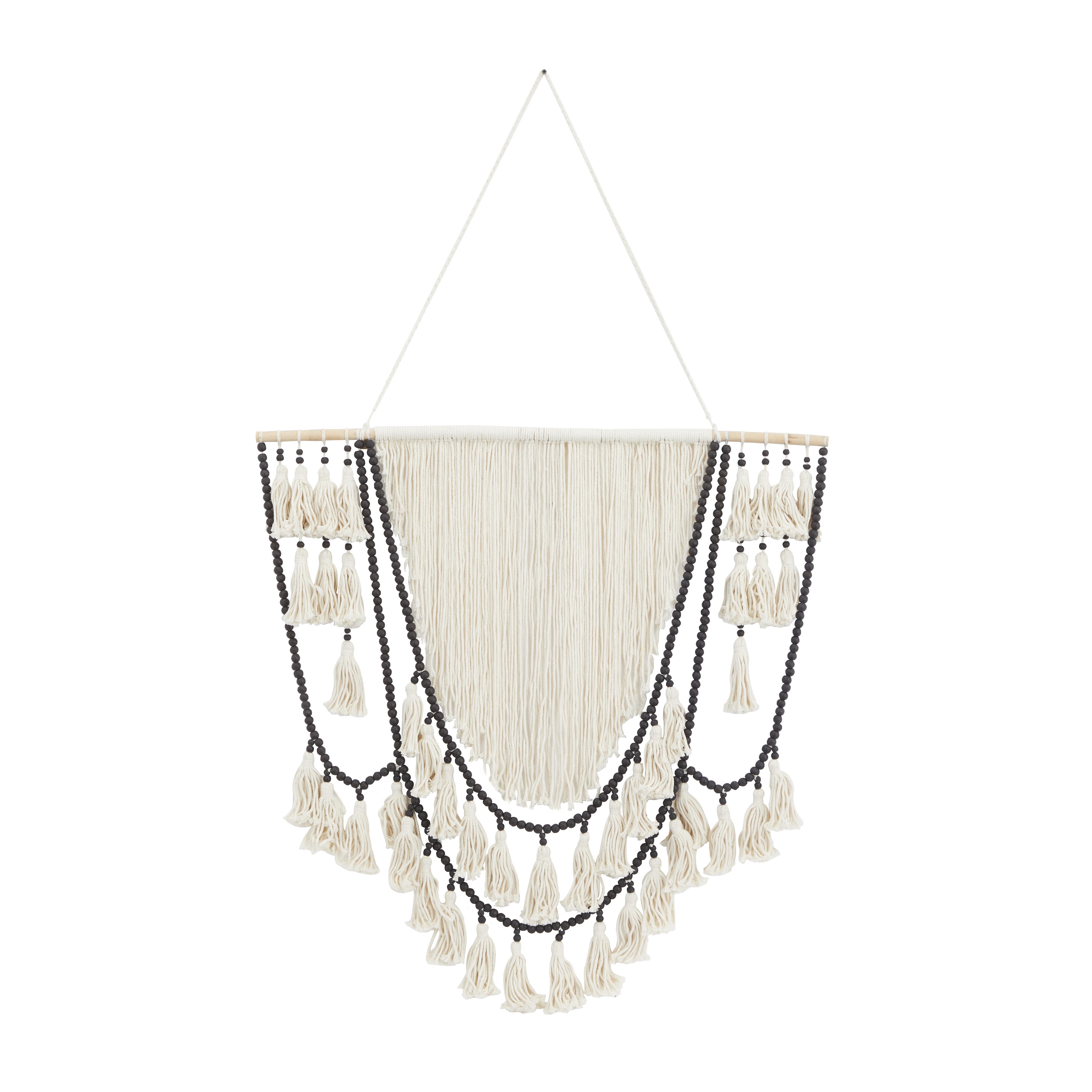 White Cotton Fabric Macrame Handmade Intricately Weaved Home Wall Decor with Beaded Fringe Tassels, 40" x 3" x 66"