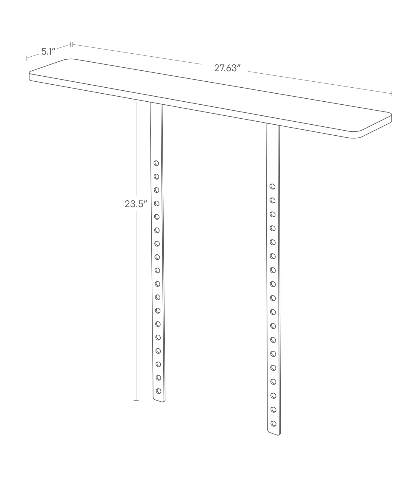 Dimenision image for VESA-Compliant TV Shelfon a white background showing total width of 27.63", length of 5.1", height of 23.5"