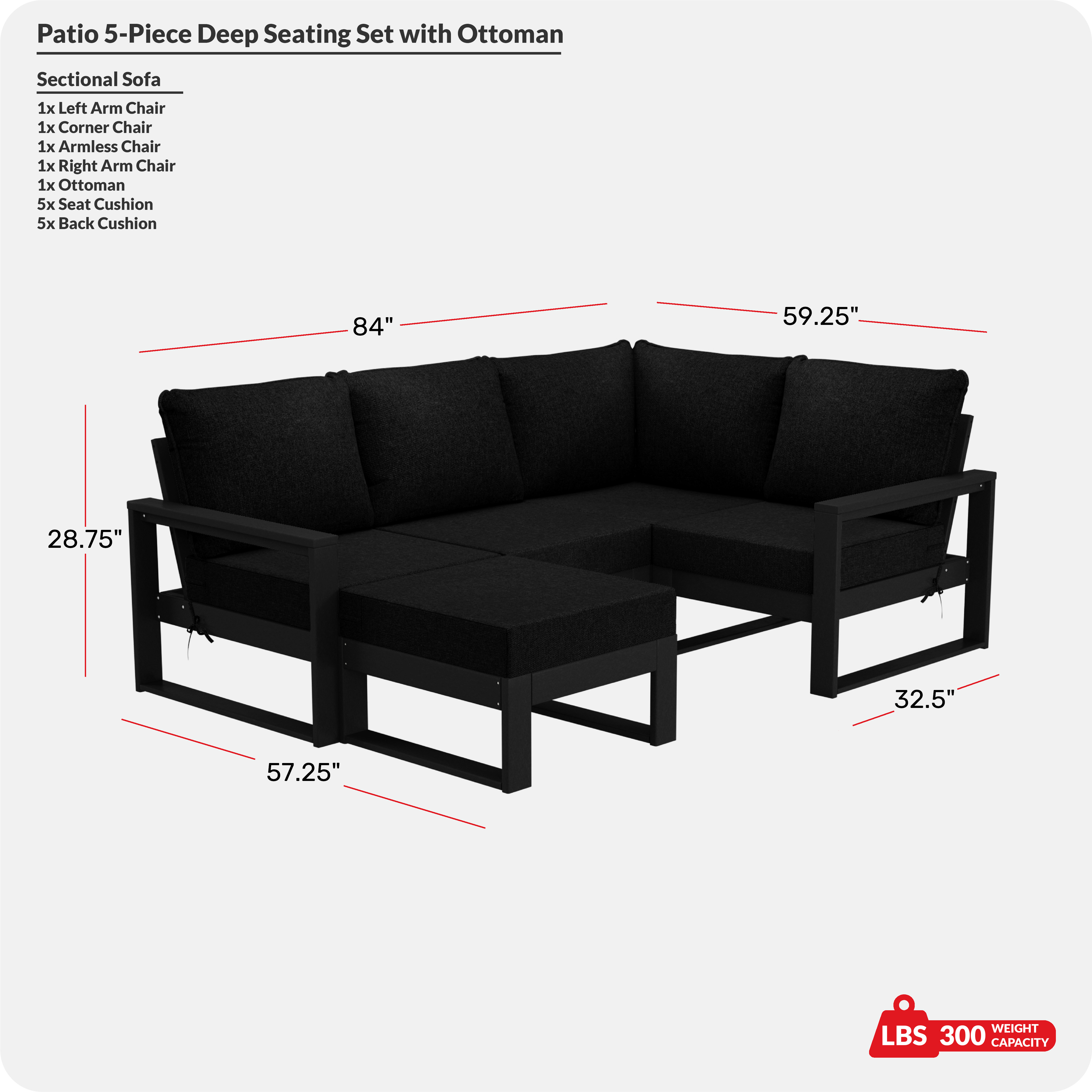 5-piece Outdoor Sectional Modular Patio Furniture Sofa SetCOS Spec Image