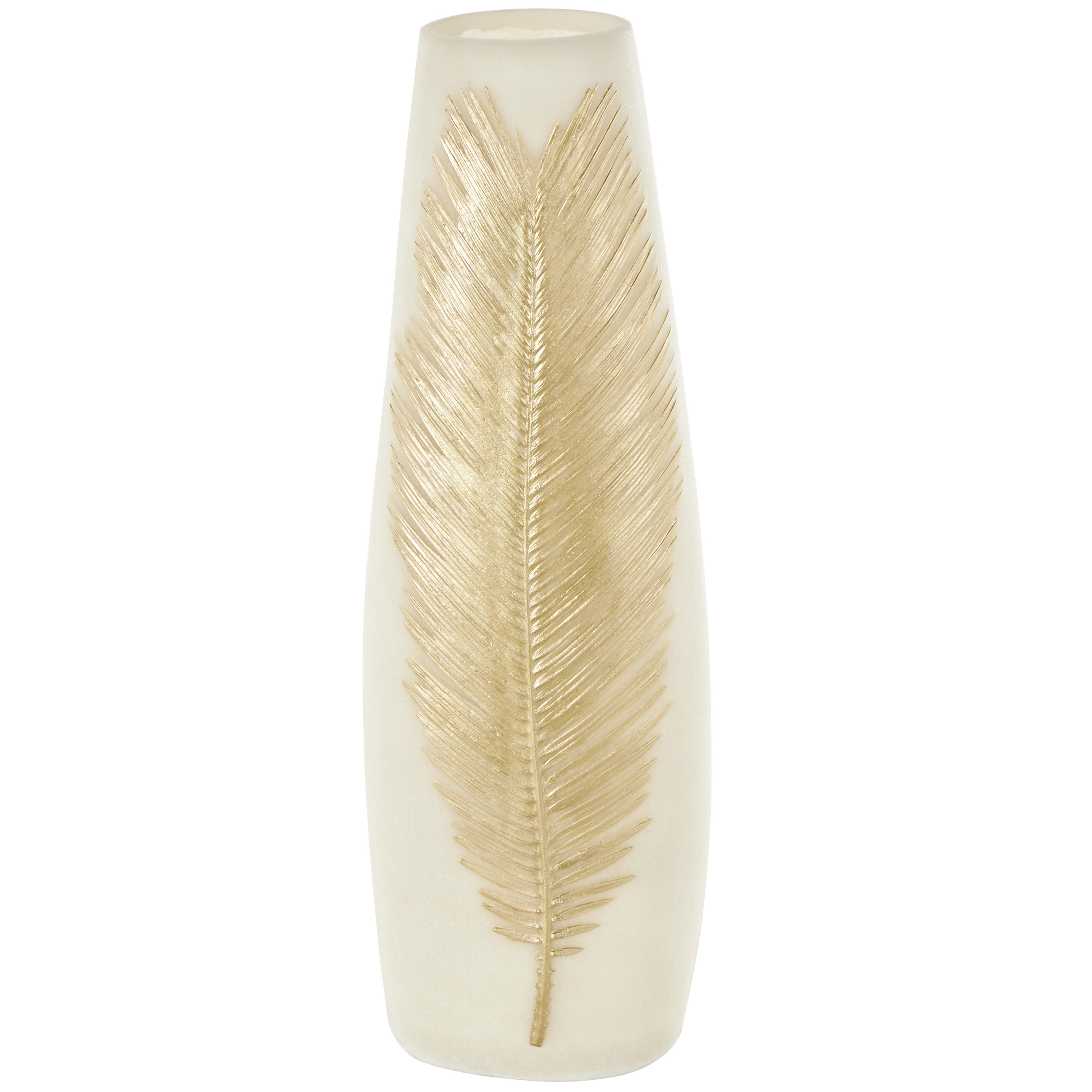 Cream Polystone Leaf Decorative Vase with Gold Leaf Relief, 7" x 5" x 20"