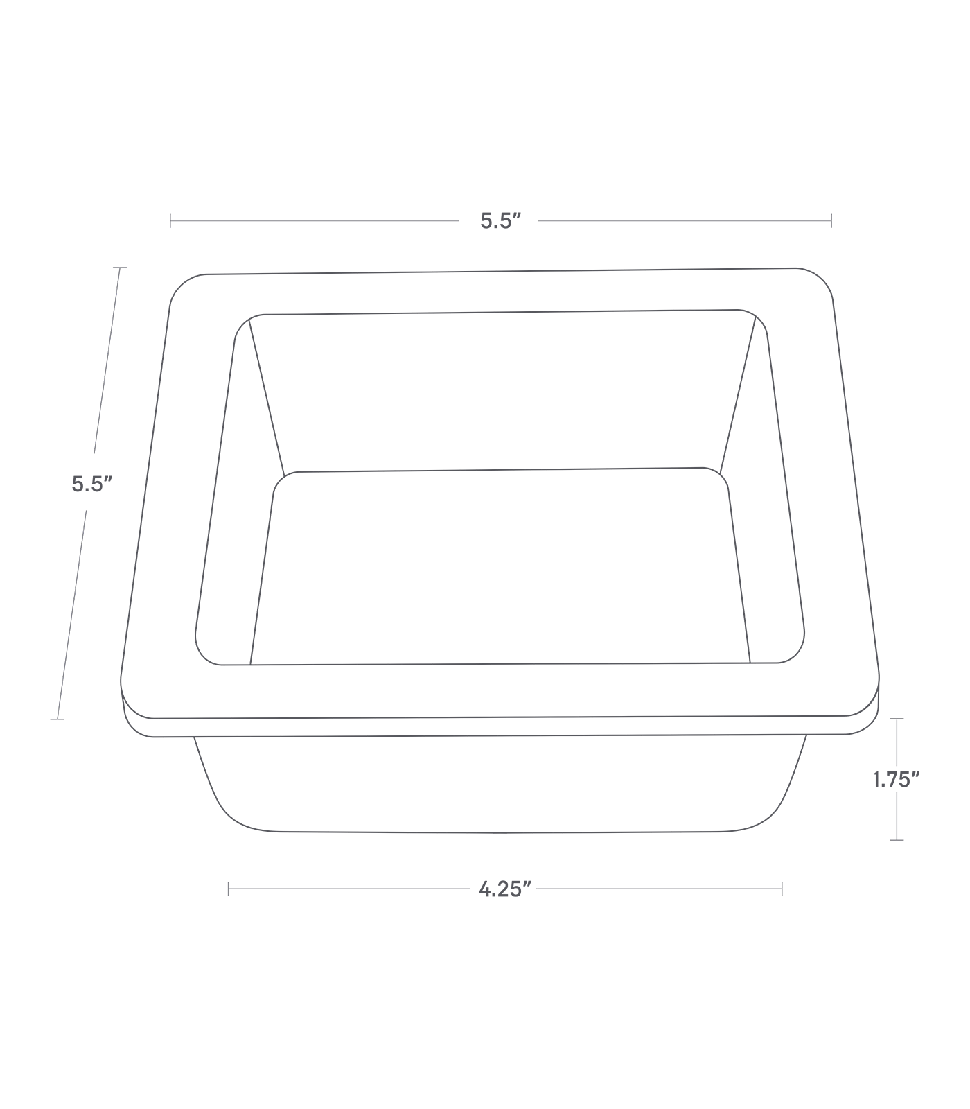 Dimension image for Replacement Ceramic Bowl for Pet Food Bowlon a white background showinglength of 4.25" with a width of 4.25" at the bottom, and a length of 5.5" with a width of 5.5" at the top. The height is 1.75".