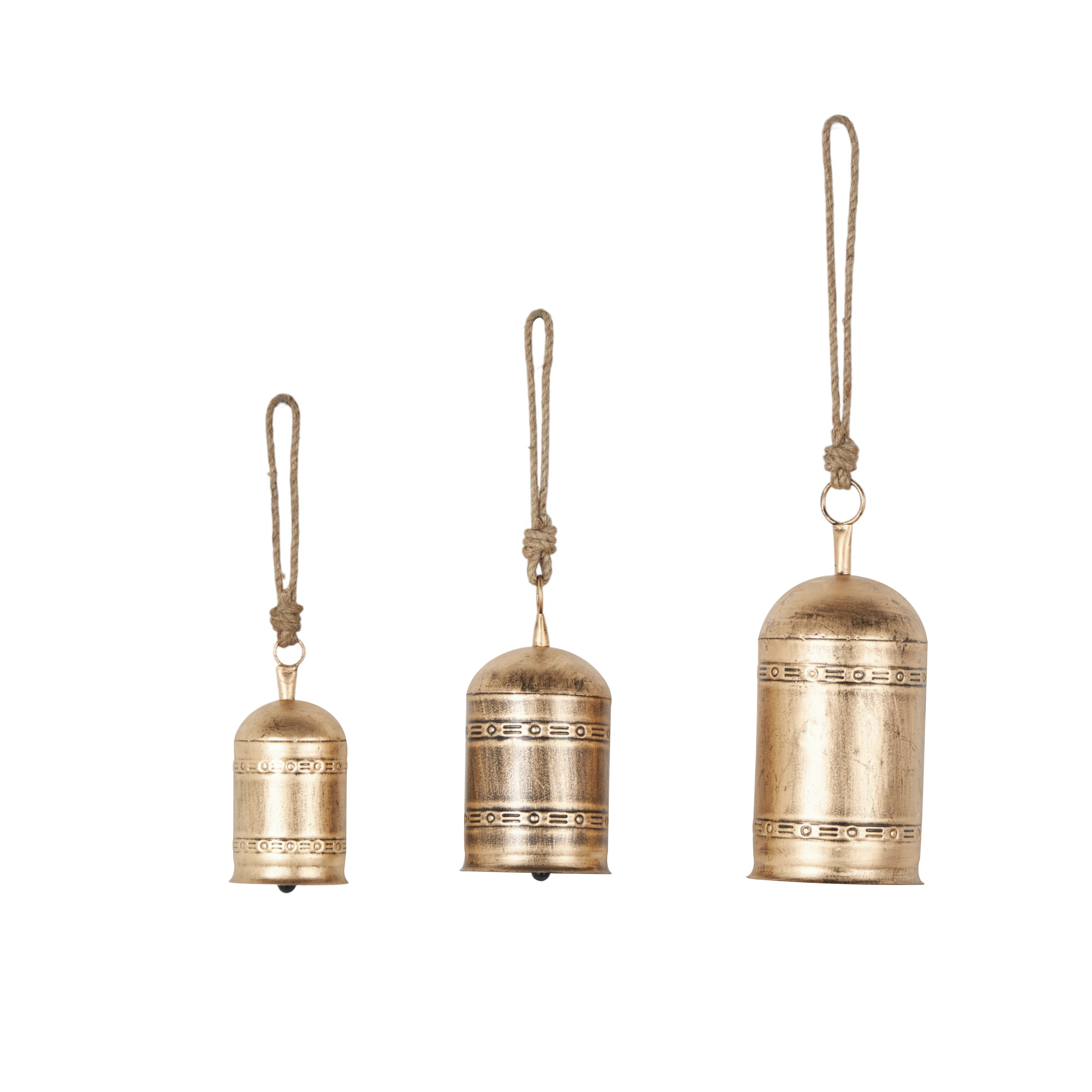 Gold Metal  Tibetan Inspired Indoor Outdoor Decorative Cow Bells with Jute Hanging Rope, Set of 3 10",8",6"H