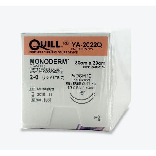 Quill™ Monoderm™ (PGA-PCL) Clear Monofilament Sutures, 2-0, 19mm 3/8 Circle - 30cm x 30cm -12/Box