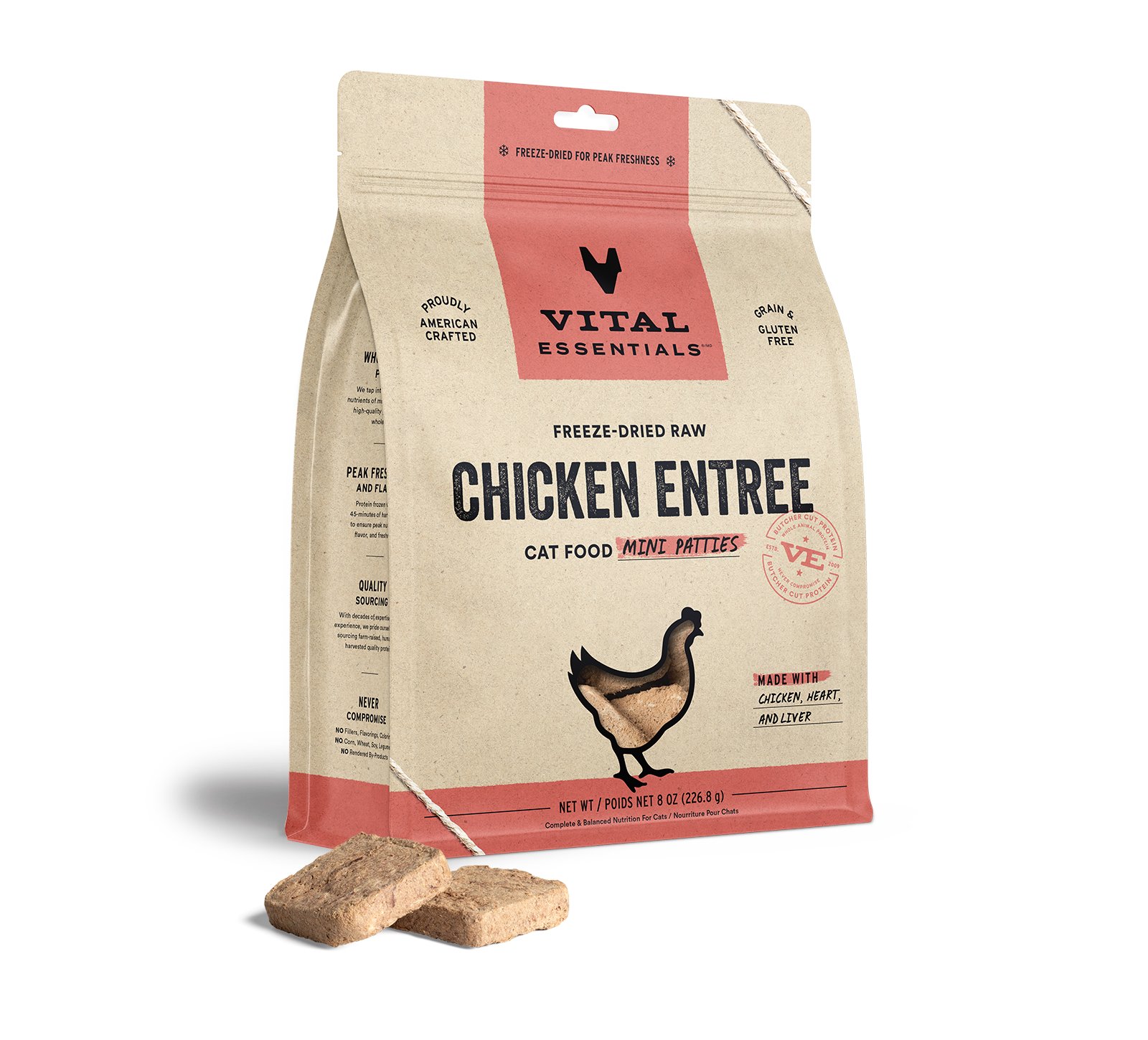 Vital Essentials Freeze-Dried Raw Chicken Entree Cat Food Mini Patties, 8 oz - Health/First Aid