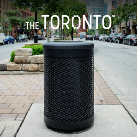 black powder coated steel waste bin body with black LDPE plastic lid and liner sitting on a city street