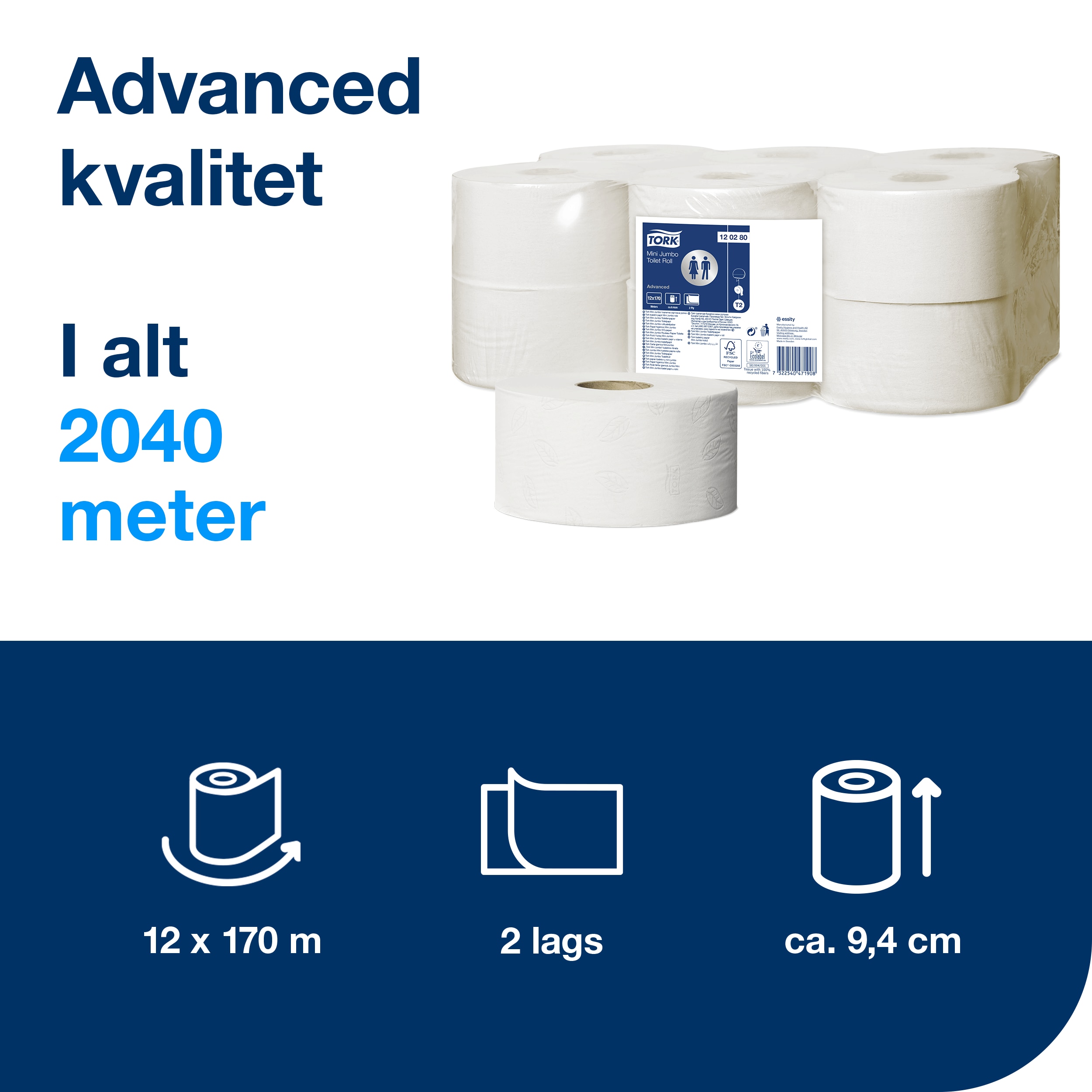 Toiletpapir, Udvendig oprulning, 2 lag, 12 ruller, Tork Advanced Jumbo Mini T2