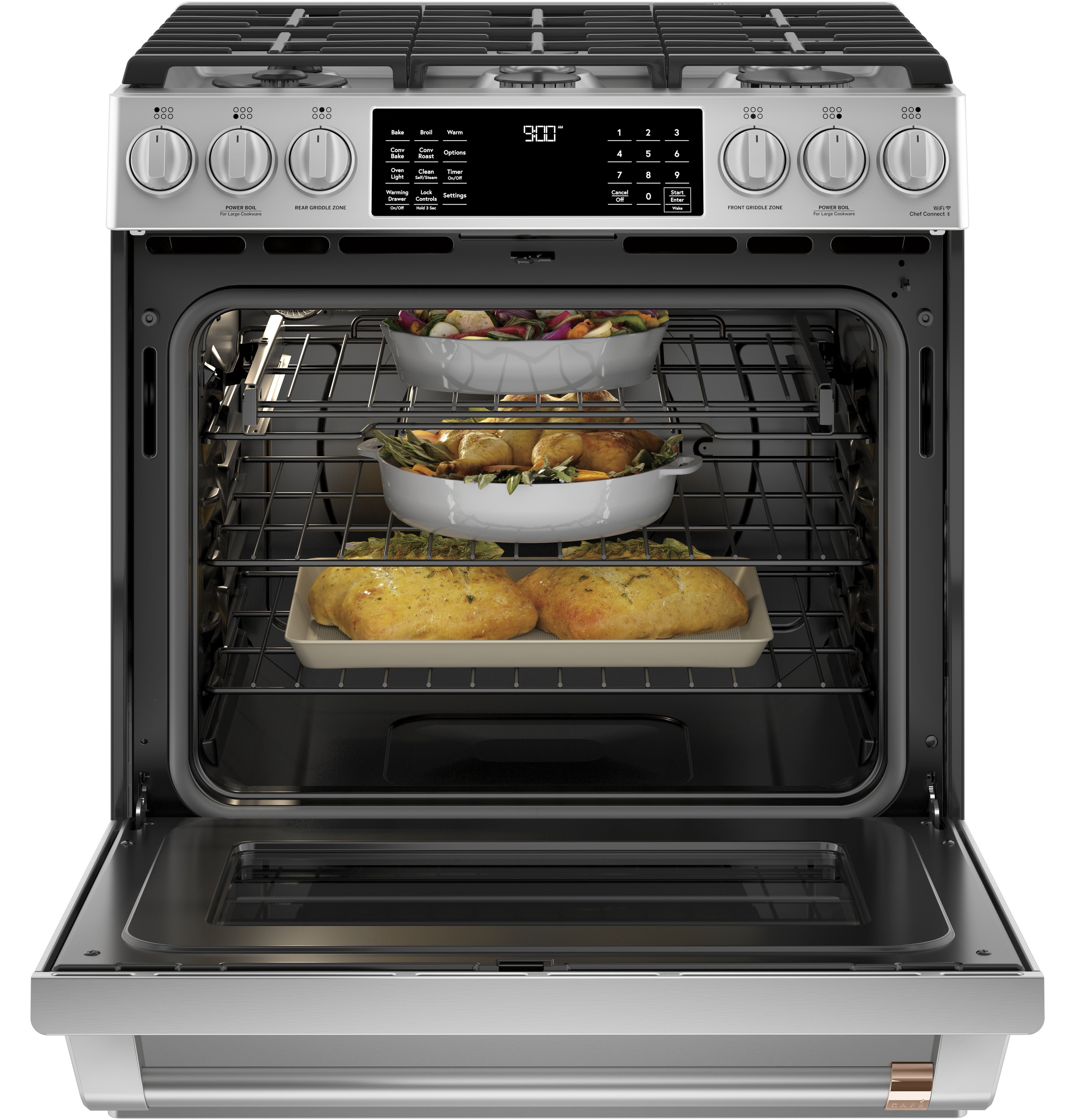 30" S/I — Dual Fuel RG — 6 Burners — Slf Cln w/ Stm Cln Opt — Cast Iron Griddle — Sgl Oven w/ Wrmg Drwr — True European Conv w/ Precise Air — ADA Compliant — Connectable via built-in WiFi view 3
