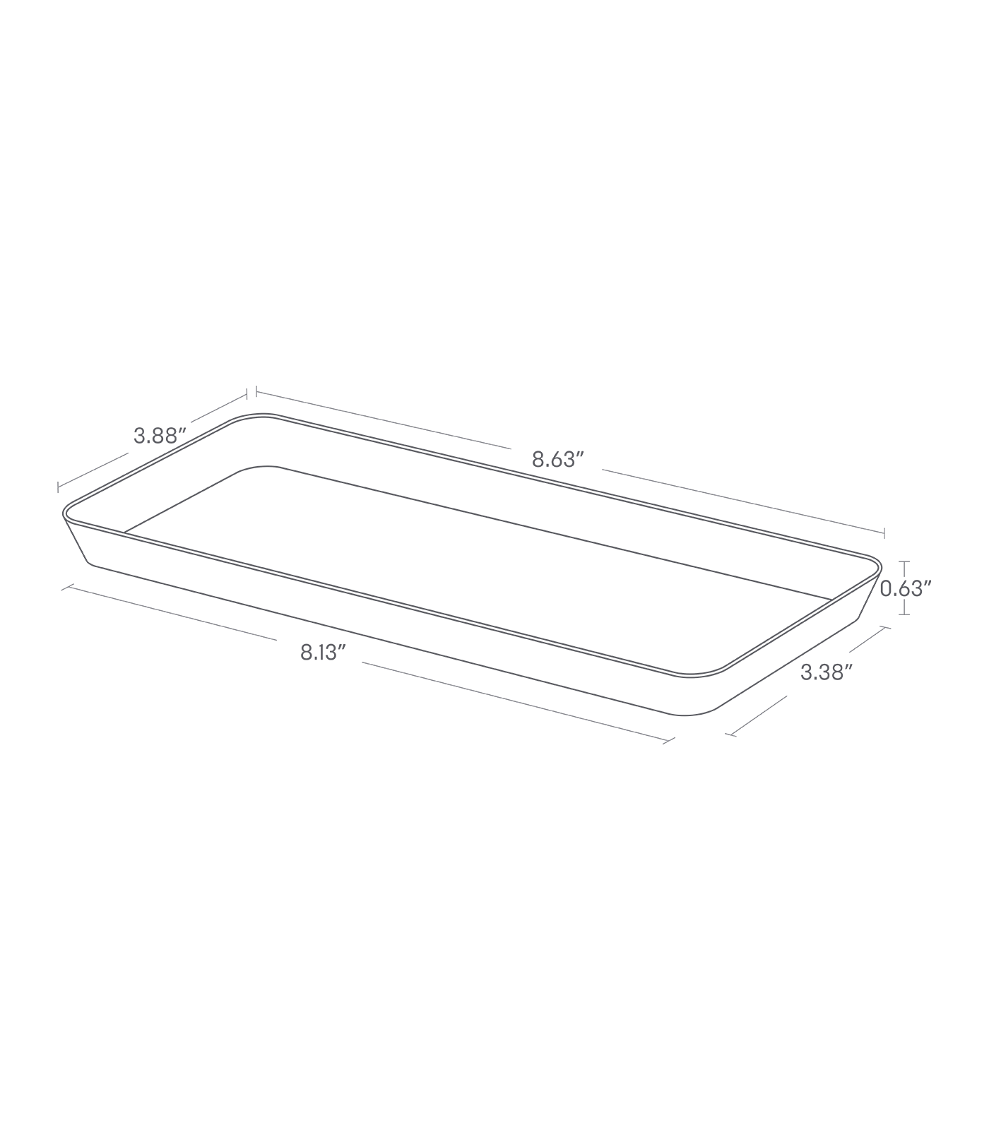 Dimension image for Vanity Tray showing length of 8.13", width of 3.38" and height of 0.63"