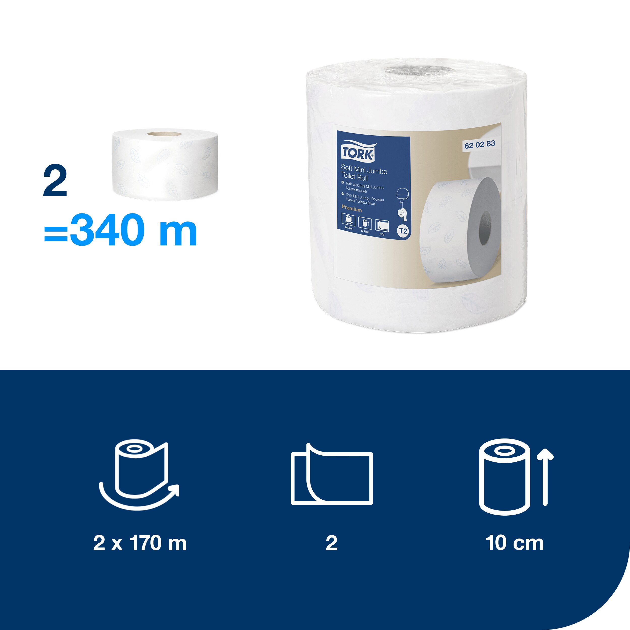 Toiletpapir, Udvendig oprulning, 2 lag, 2 ruller, Tork Premium Soft Jumbo Mini T2