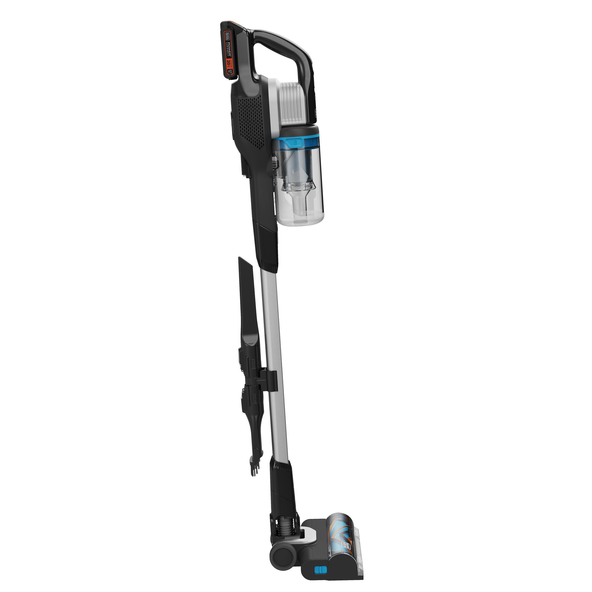 Side view of the BLACK+DECKER POWERSERIES Extreme MAX Cordless Stick Vac with LED head lights on