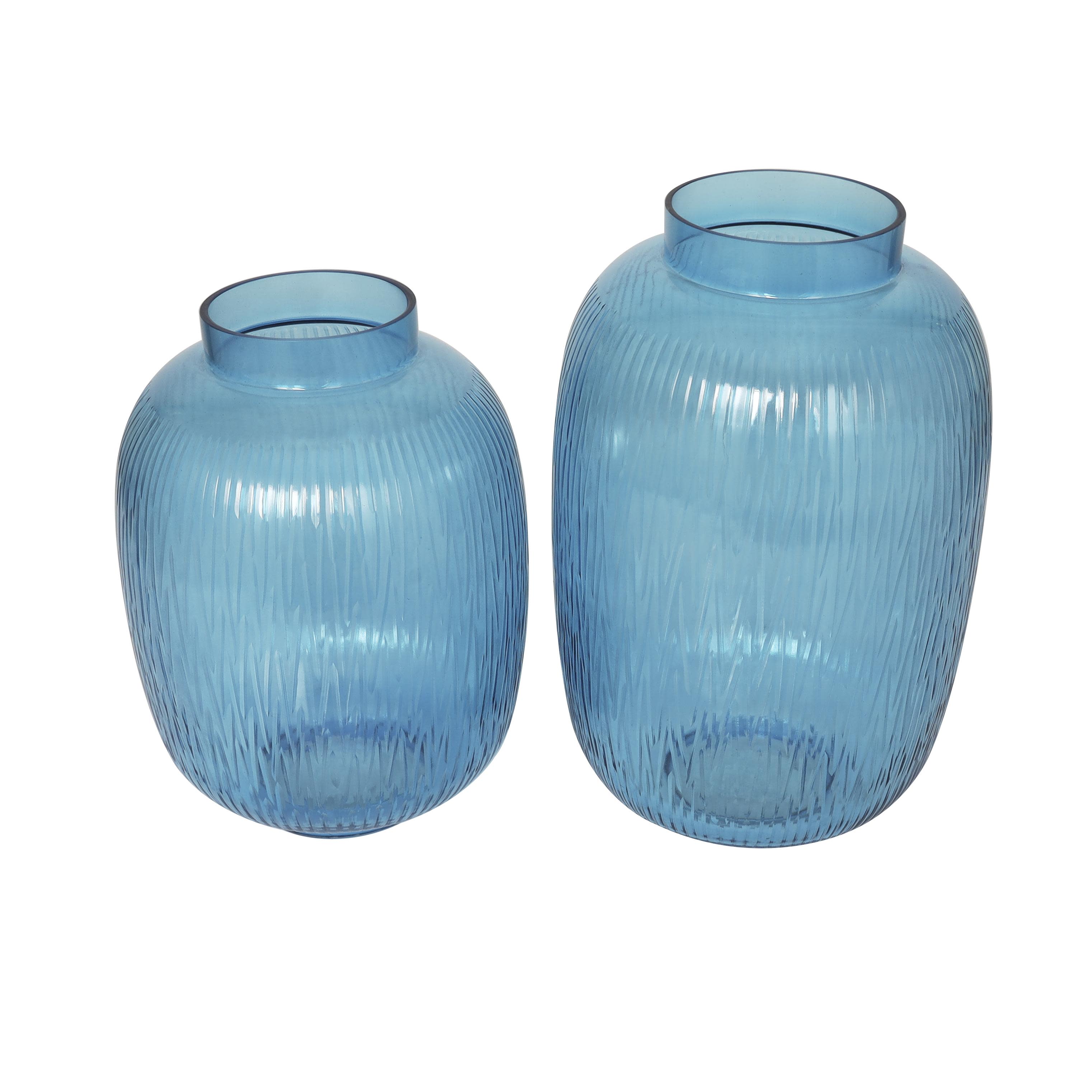 Blue Glass  Ribbed Decorative Vase, Set of 2 13", 11"H