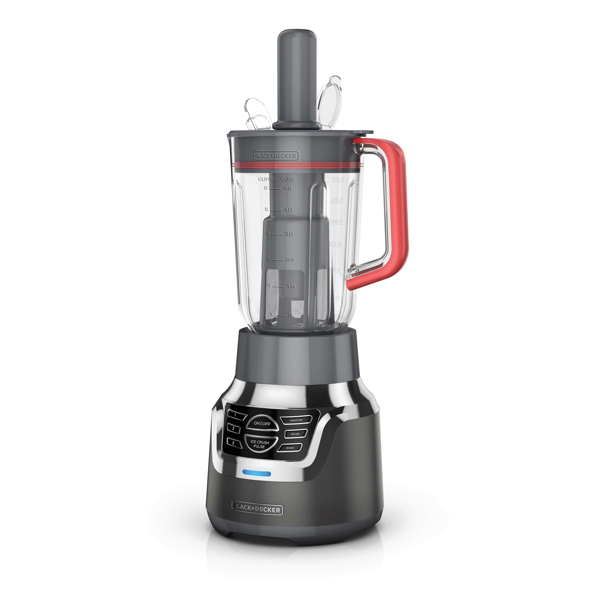 Profile of Infuser blender of Infuser 3 In 1 Digital PowerCrush Blending System with 6 Cup Tritan Jar and 18 ounce Tritan Personal Jar.