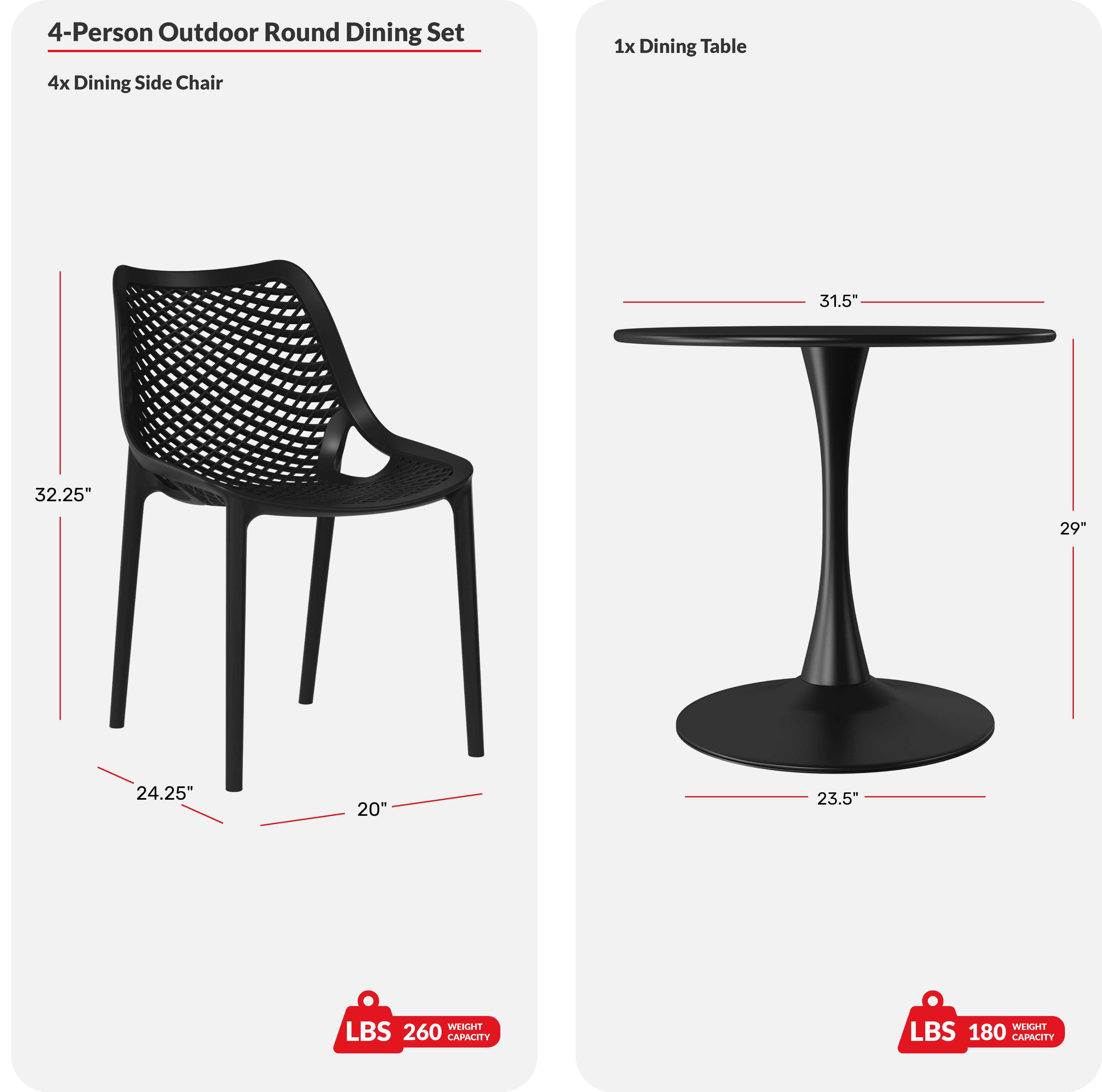 5-Piece Outdoor Indoor Round Metal Dining Table Set And Stackable Resin Patio Dining Side Chairs COS Spec Image
