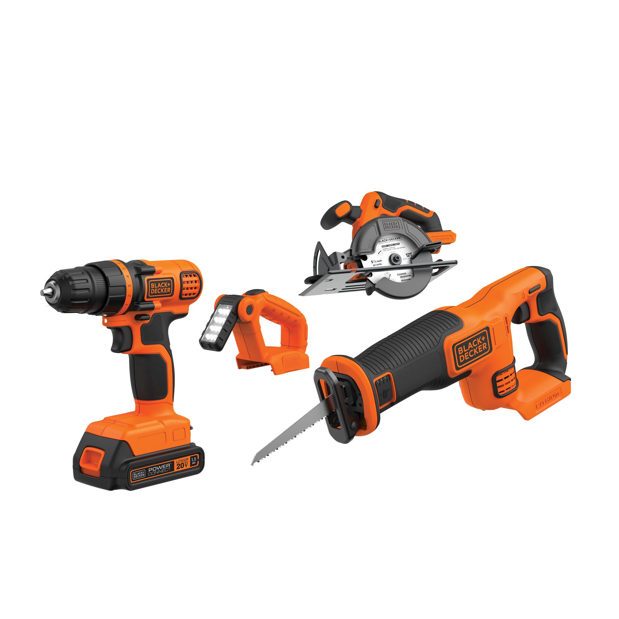 Lithium ion 4 tool combo kit drill / driver circular saw reciprocating saw and work light.