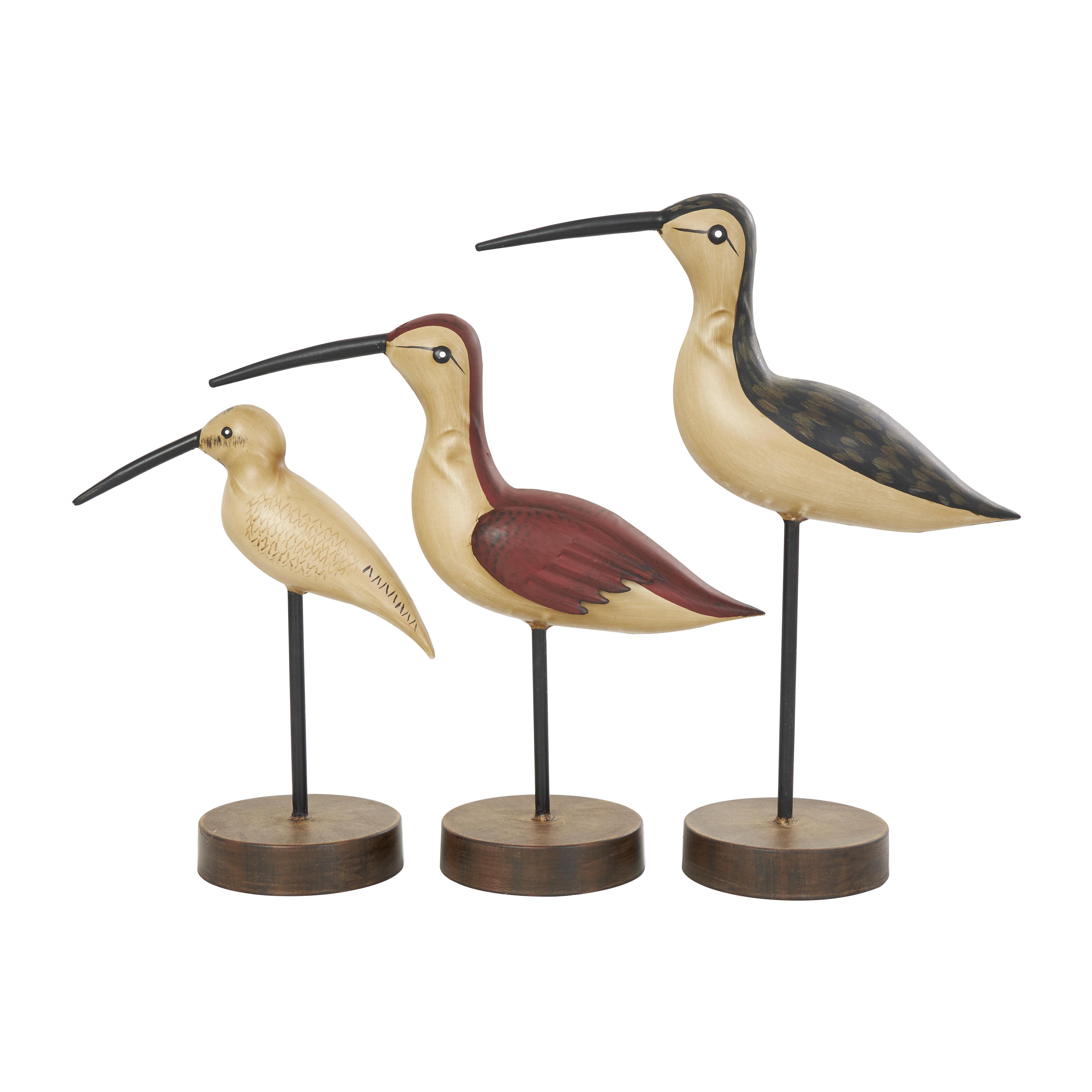 Brown Metal Bird Decorative Sculpture with Round Bases, Set of 3 14", 12", 10"H