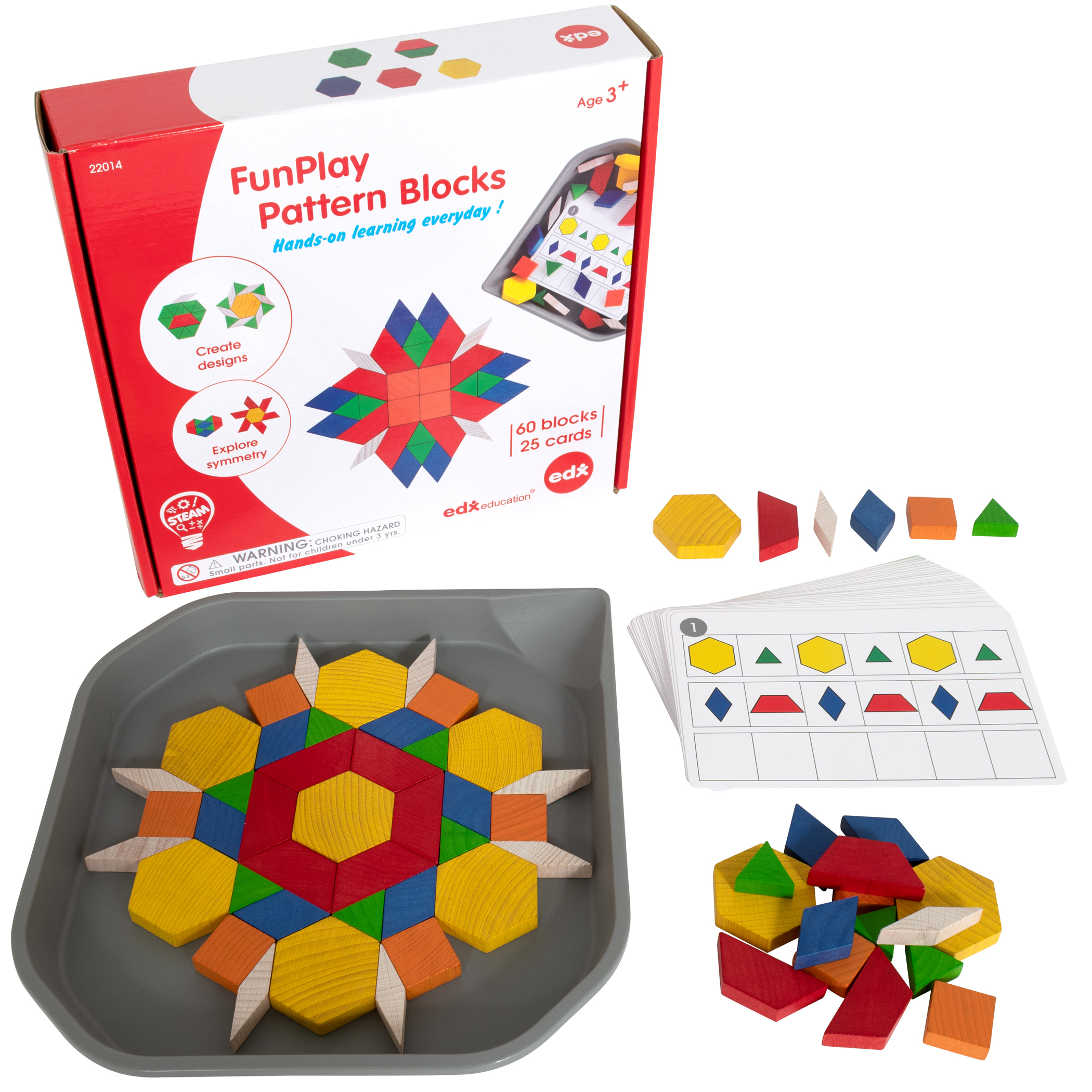 edxeducation FunPlay Pattern Blocks - Set of 60 Wooden Math Manipulatives + 50 Activities + Messy Tray