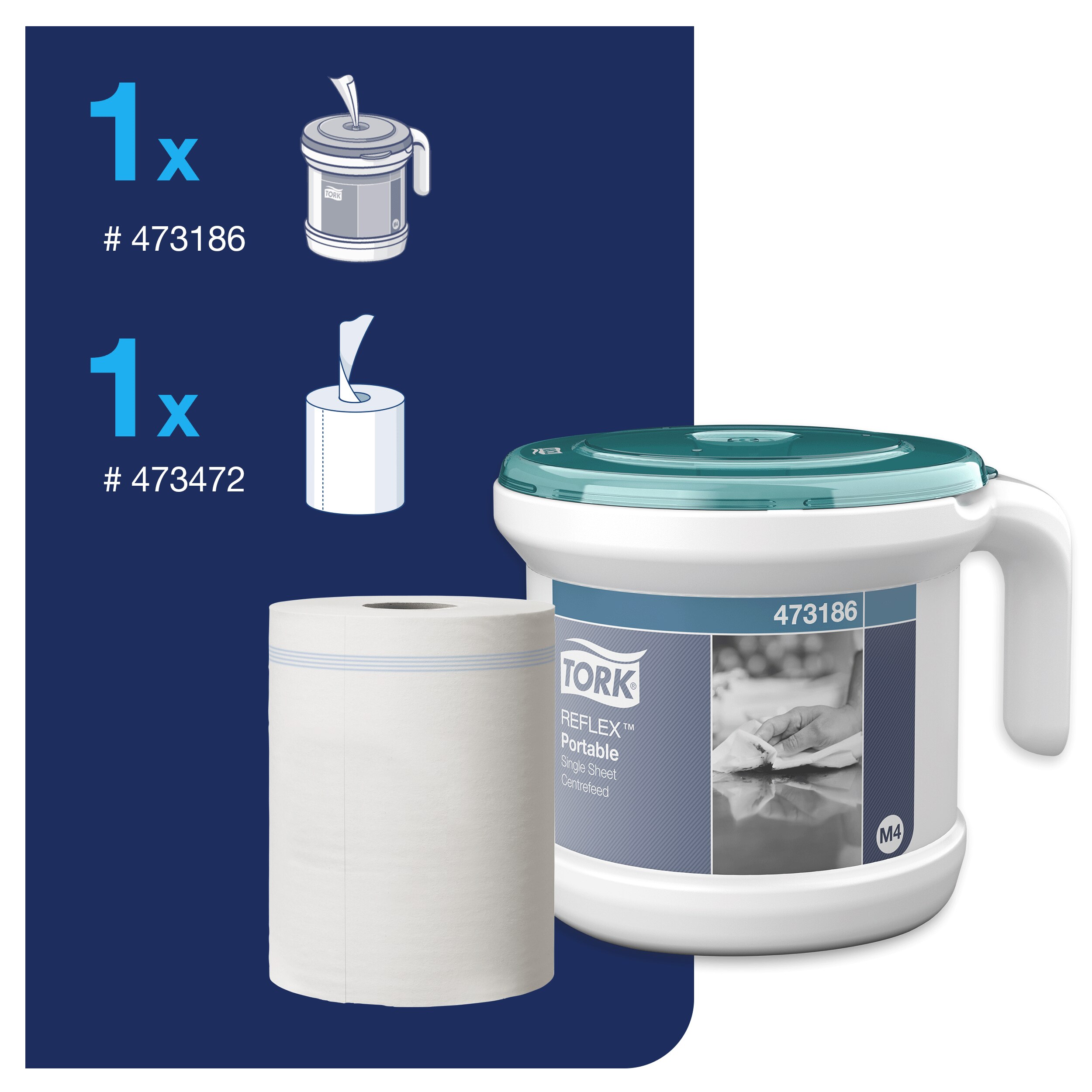 Aftørringsdispenser, Til aftørringsruller, Centerfeed, Turkis-hvid, Tork Reflex Transportabel M4