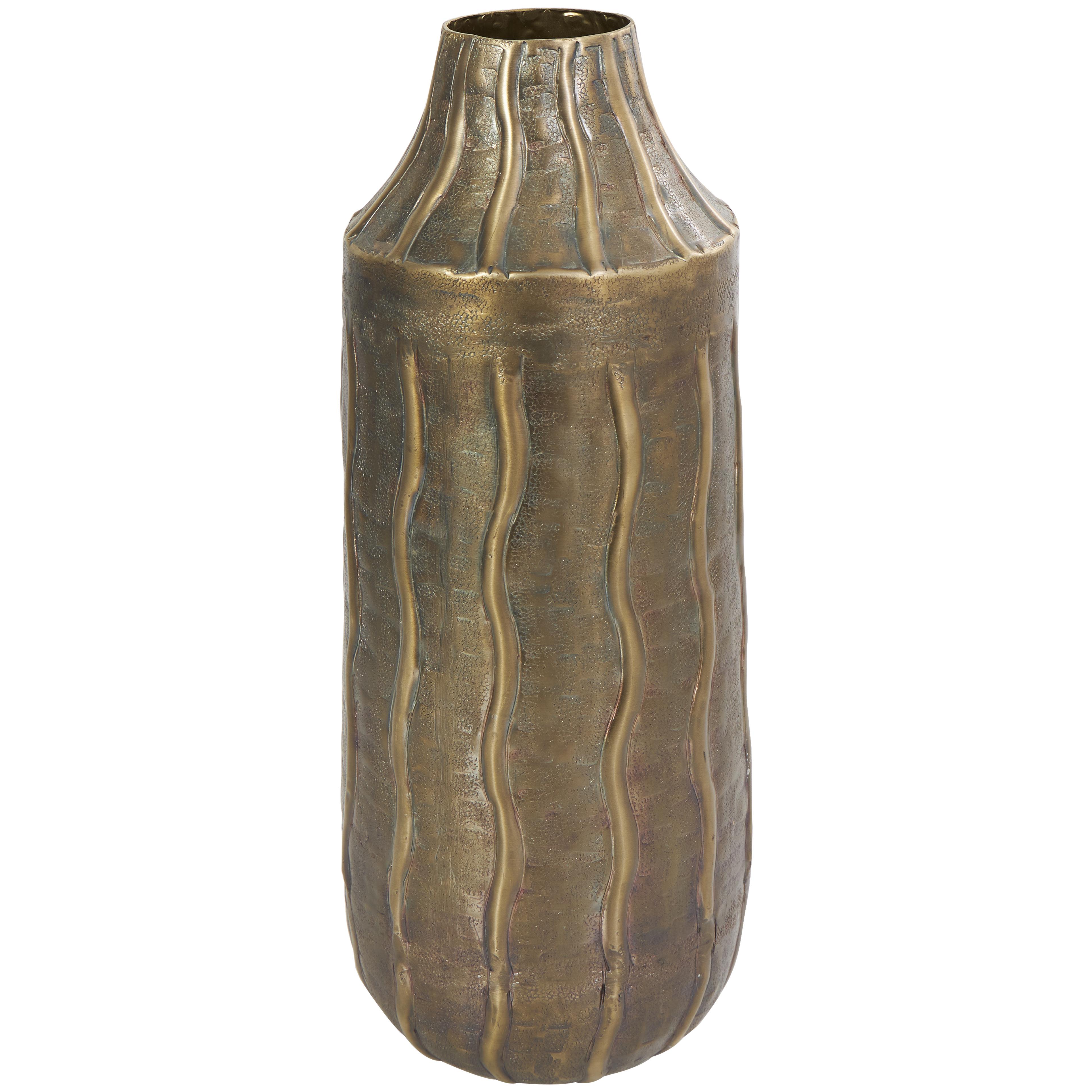 (Box of 9 pieces)Brass Metal  Snakeskin Inspired Decorative Vase with Dimensional Wavy Accents, 7\" x 7\" x 17\"