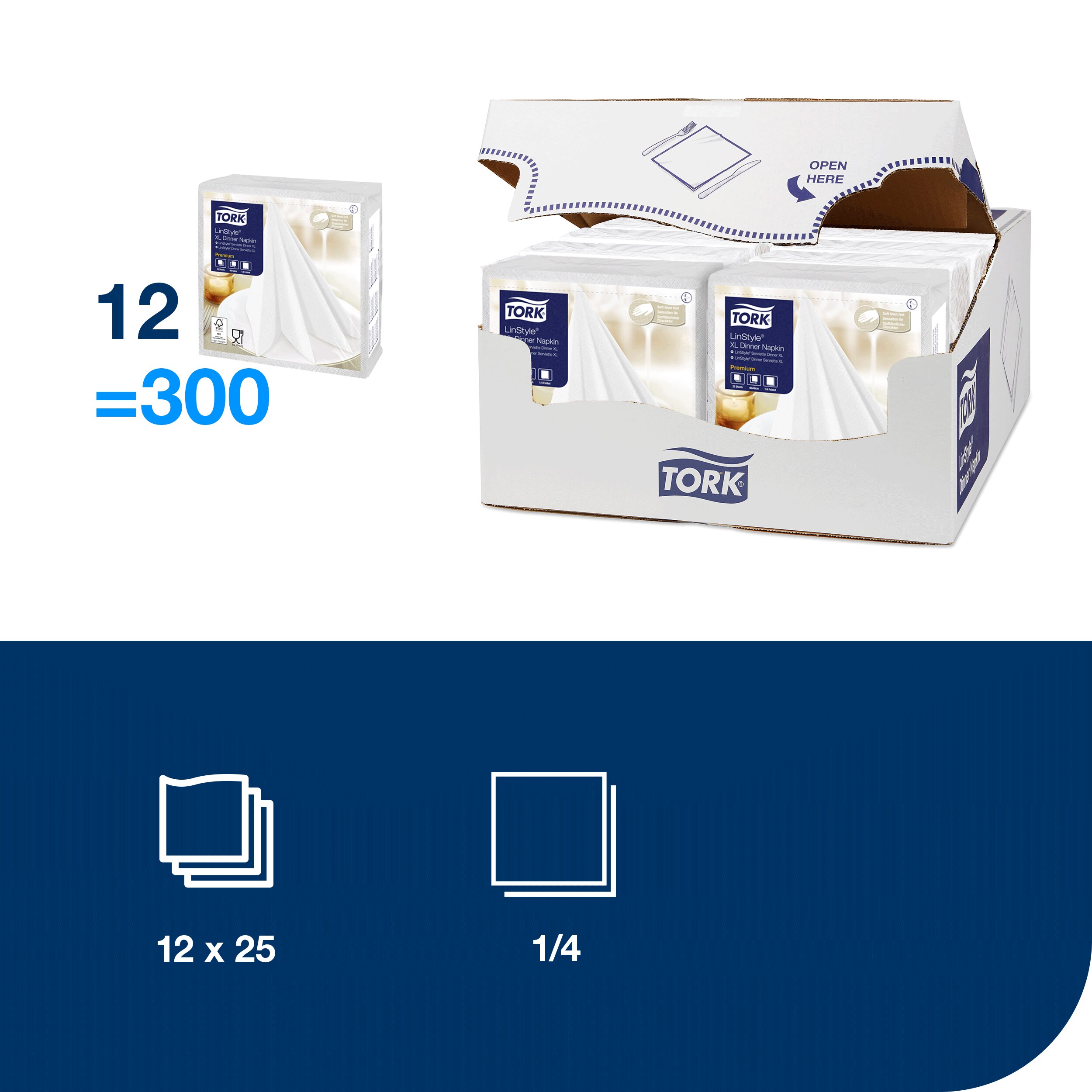 Servietter, 1 lag, Hvid, 50x50 cm, 25 stk, Tork Linstyle