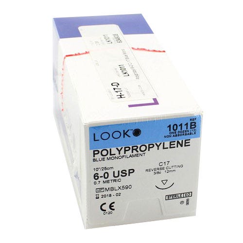 Polypropylene Blue Monofilament Suture, 6-0, C-17, Reverse Cutting, 10" - 12/Box