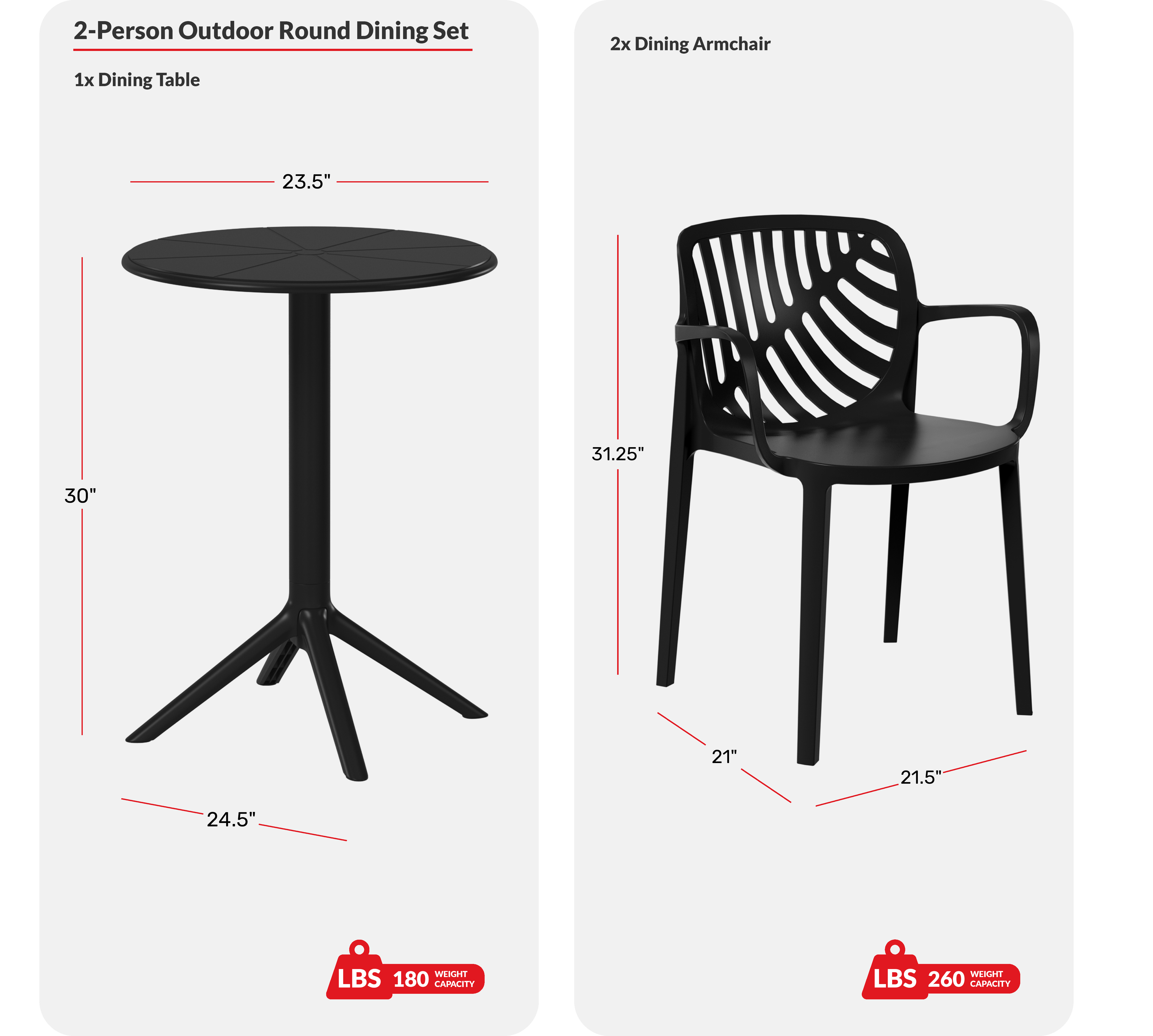 3-Piece Outdoor Resin Patio Bistro Table Set with Stackable Patio Dining Side Chairs For 2COS Spec Image