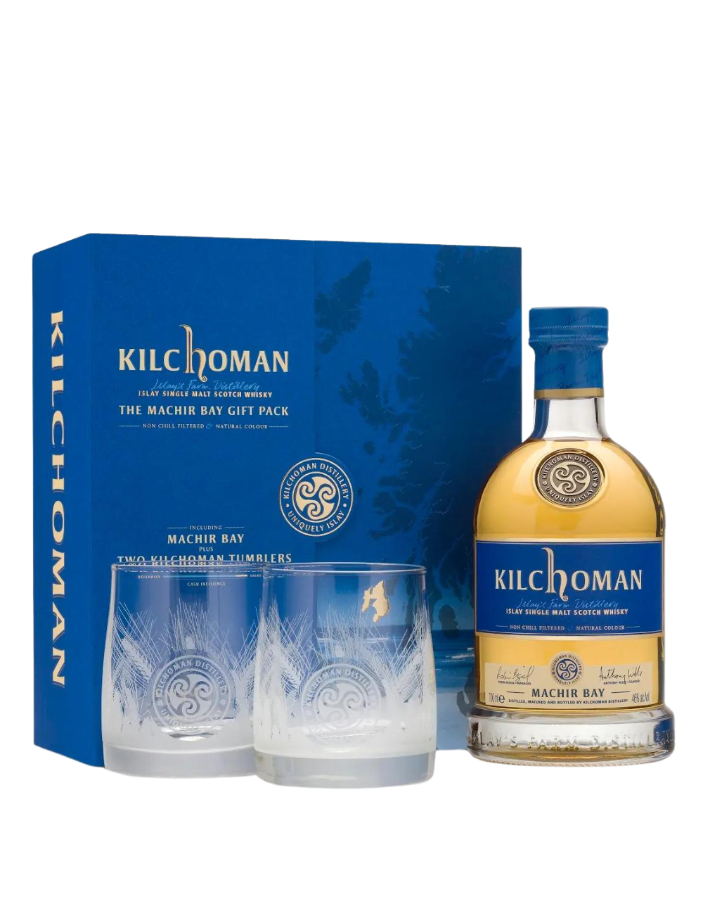KILCHOMAN MACHIR BAY ISLAY SINGLE MALT SCOTCH WHISKEY GIFT SET WITH 2 GLASSES
