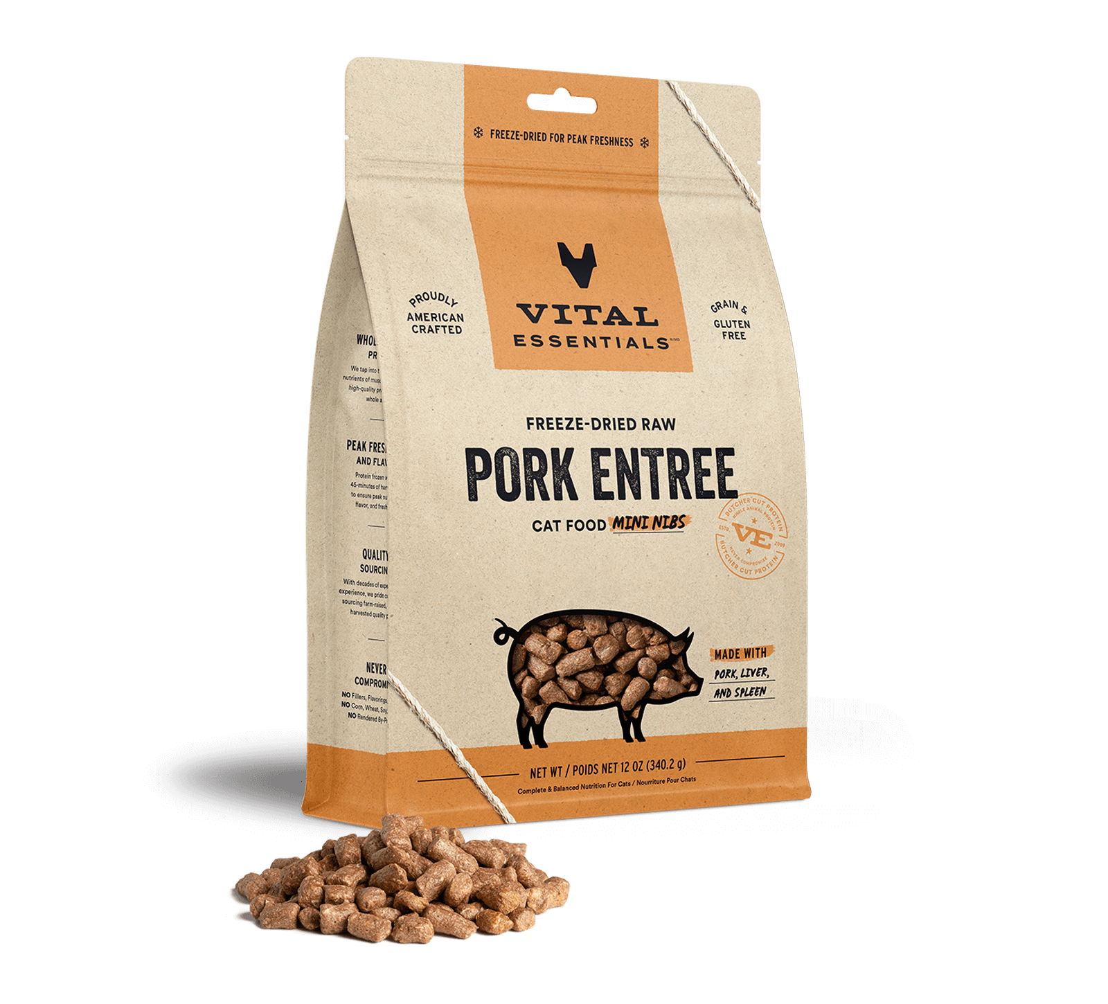 Vital Essentials Freeze-Dried Raw Pork Entree Cat Food Mini Nibs, 12 oz - Health/First Aid