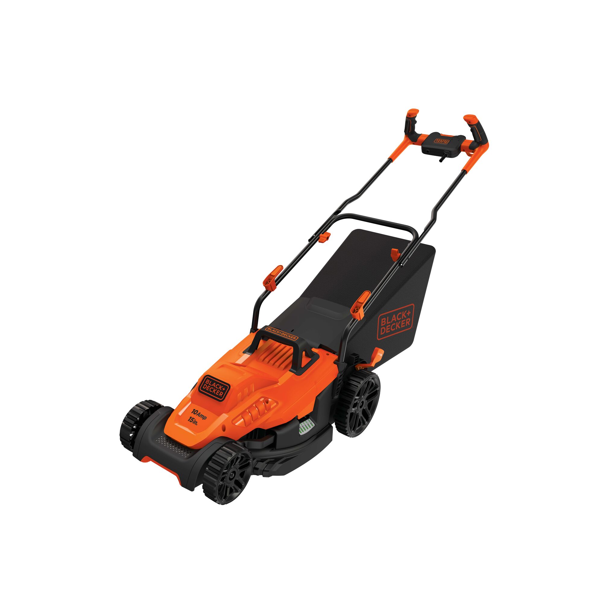 Profile of 10 Ampere 15 inch electric lawn mower with comfort grip handle.